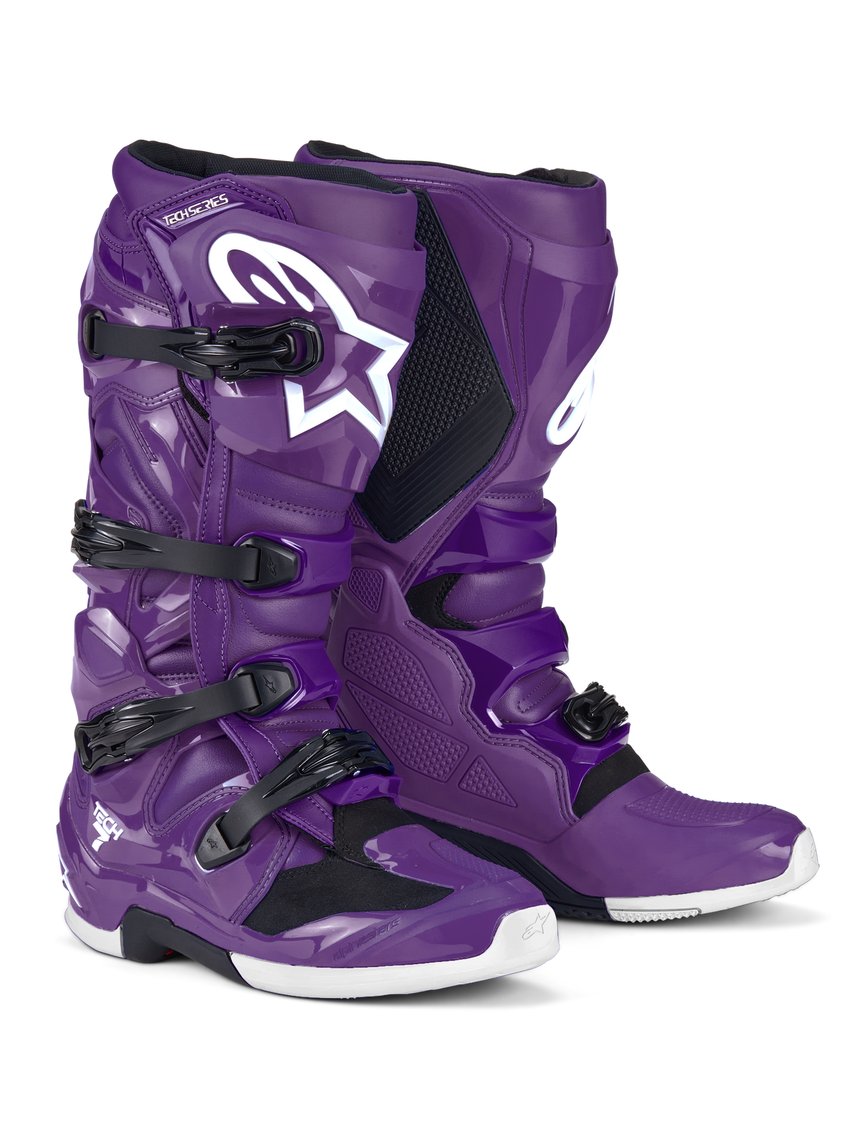 Botas Alpinestars Tech 7, botas de motocross, roxas, com fivelas pretas e um grande logótipo Astars branco, design protetor de alto desempenho com fecho de quatro tiras e estrutura durável em TPU para corridas de terra em todo-o-terreno