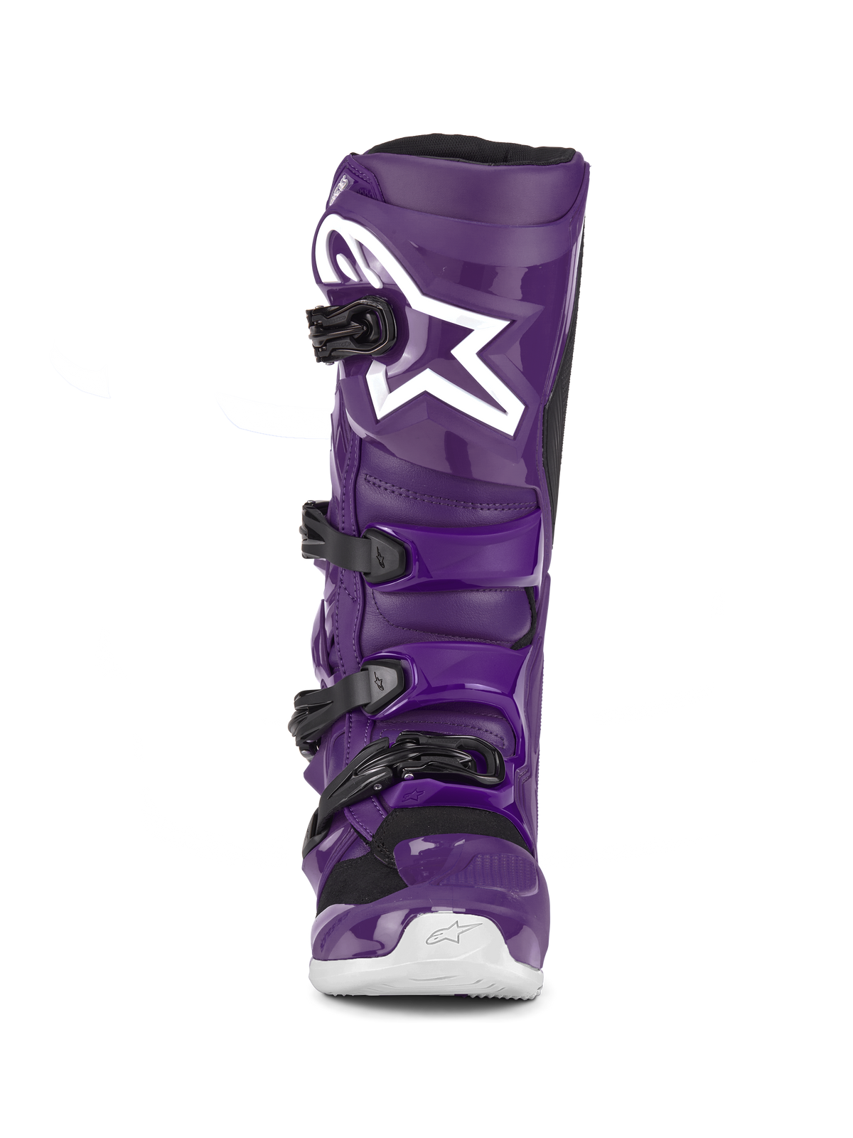 Botas Alpinestars Tech 7, botas de motocross roxas, vista frontal, com quatro fivelas pretas, logótipo Alpinestars branco na placa da canela, estrutura durável em TPU e construção sintética para proteção todo-o-terreno