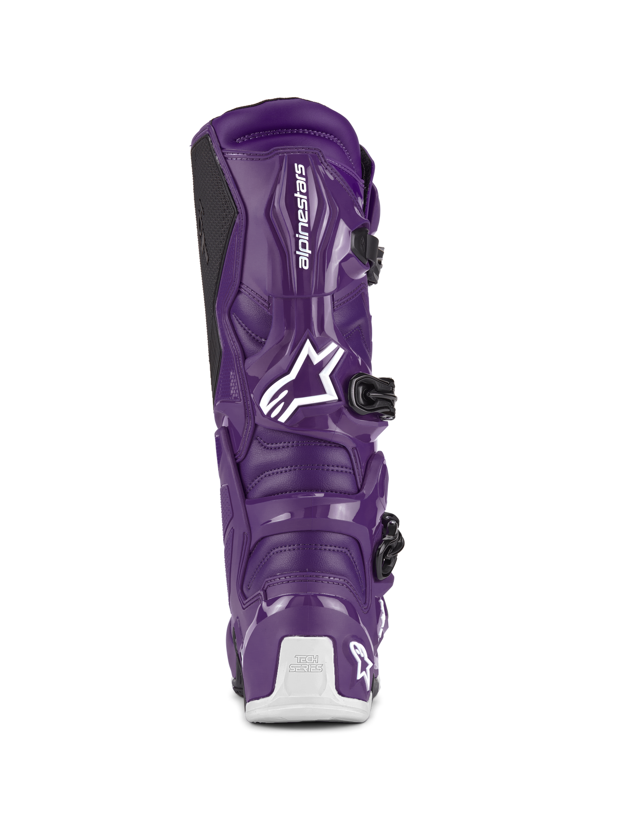 Botas Alpinestars Tech 7, botas de motocross, roxo, vista traseira realçando o logótipo Alpinestars branco e a marca Tech Series no calcanhar, fechos de fivela pretos, construção durável em TPU e material sintético para corridas de todo-o-terreno