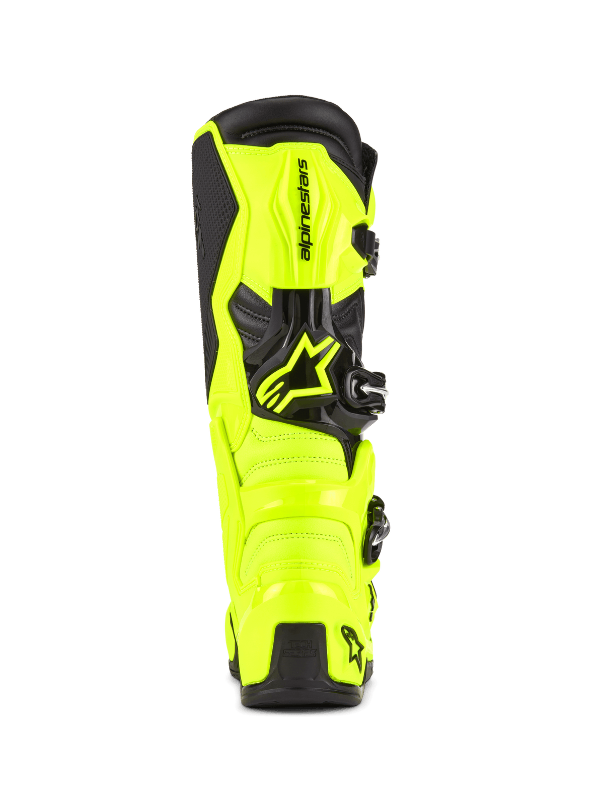 Botas de Motocross Alpinestars Tech 7, Amarelo Fluo e Preto, vista traseira a mostrar a construção protetora em TPU e a proteção de calcanhar, logótipo Alpinestars proeminente, design vibrante de alta visibilidade para desempenho off-road