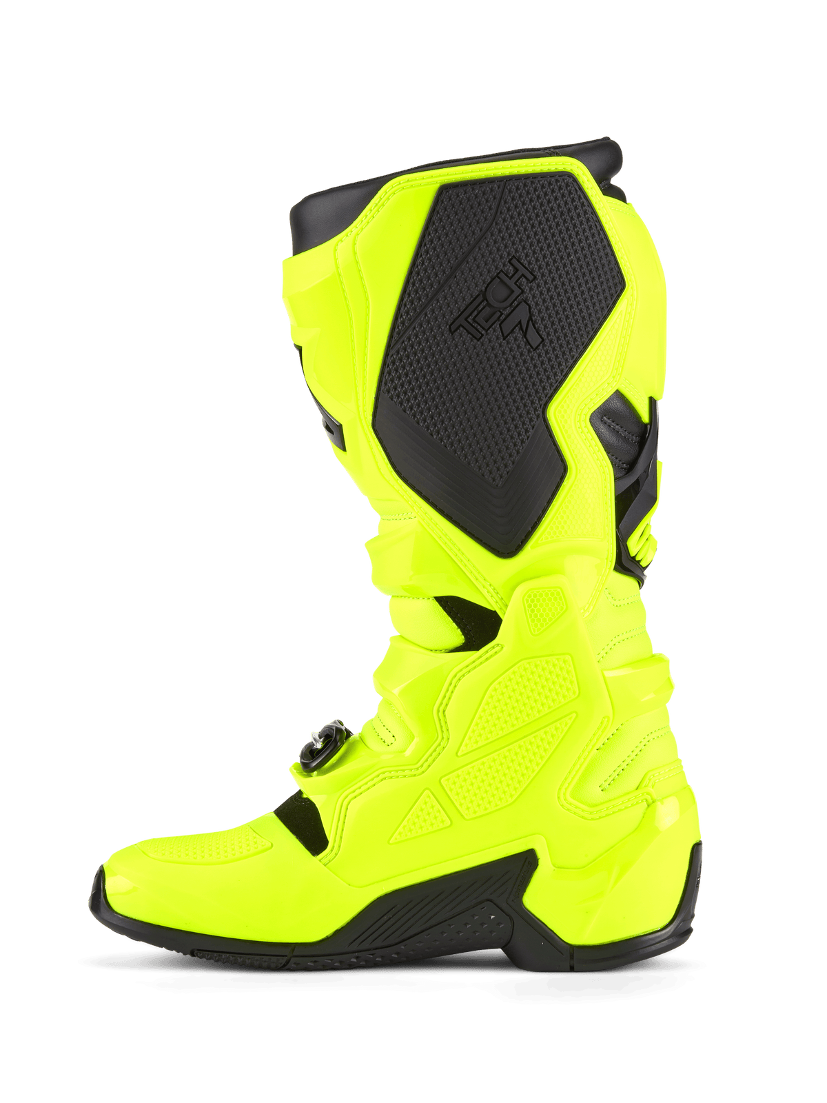 Botas Alpinestars Tech 7, botas de motocross, amarelo néon e preto, vista de perfil lateral destacando a construção da estrutura em TPU, sistema de fecho com fivelas e painéis de proteção pretos com logótipo, concebidas para durabilidade e corridas off-road