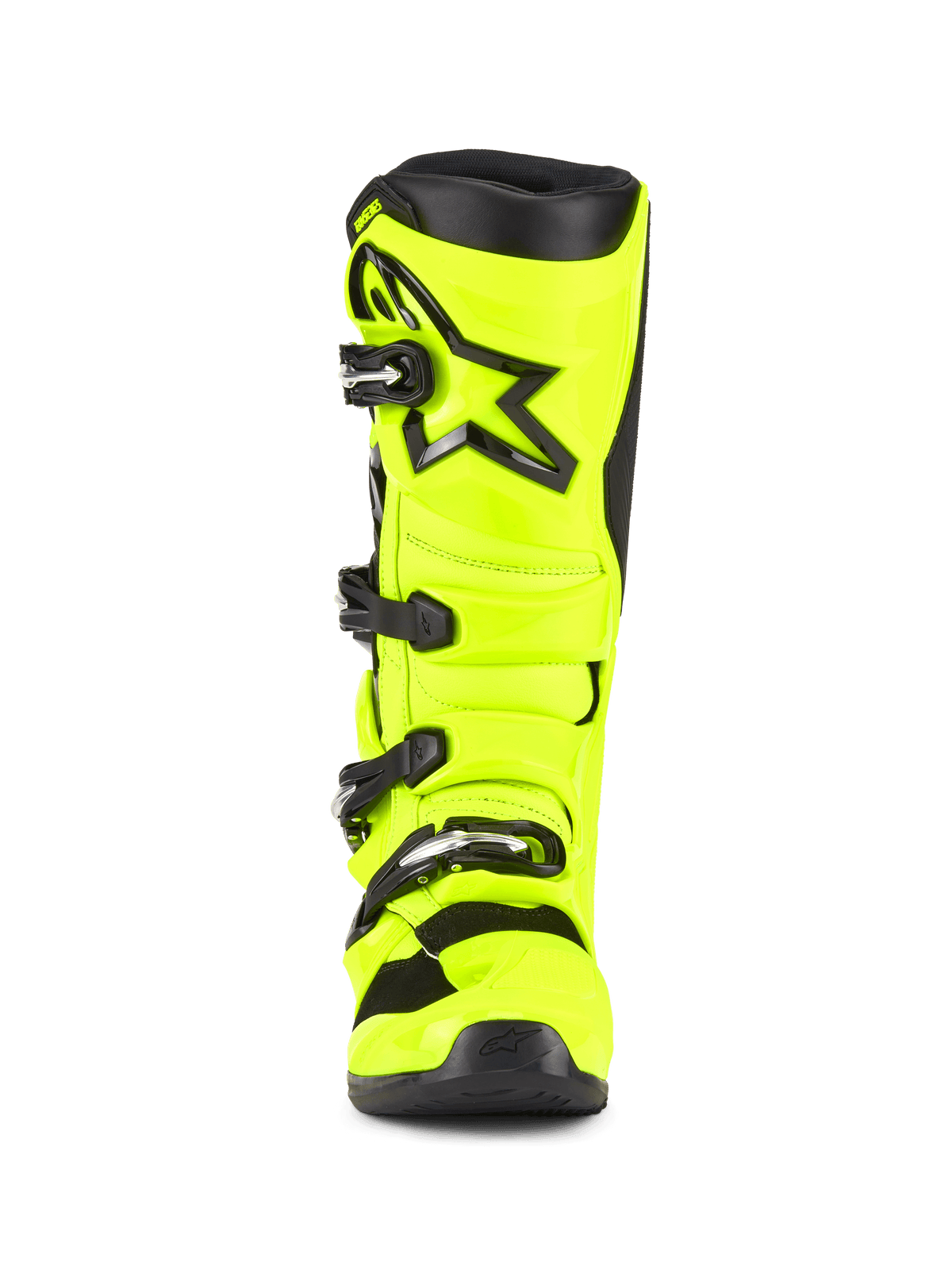 Botas Alpinestars Tech 7, botas de motocross, Amarelo Fluo e Preto, vista frontal, com concha de TPU em amarelo fluorescente brilhante, logótipo da estrela Alpinestars preto na canela e sistema de fecho com fivelas ajustáveis para desempenho off-road
