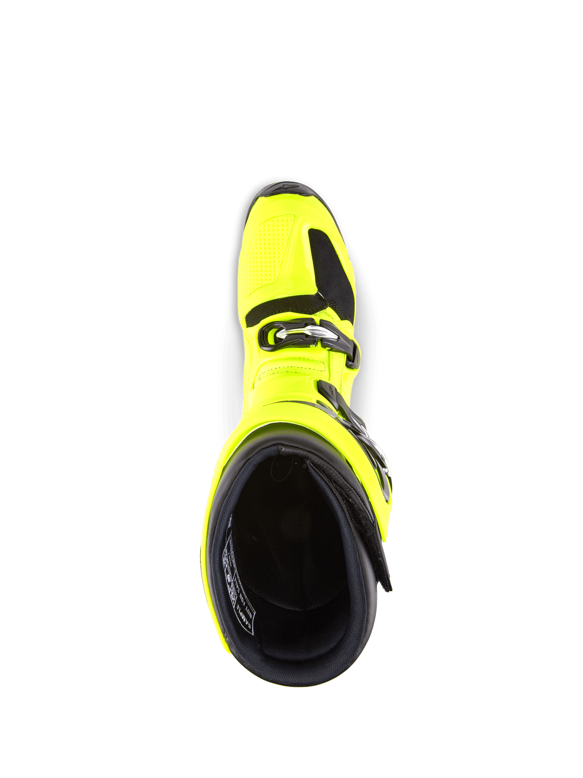 Botas Alpinestars Tech 7, botas de motocross, amarelo fluo e preto, vista superior do interior, mostrando o sistema de fecho por fivelas e o rebordo acolchoado