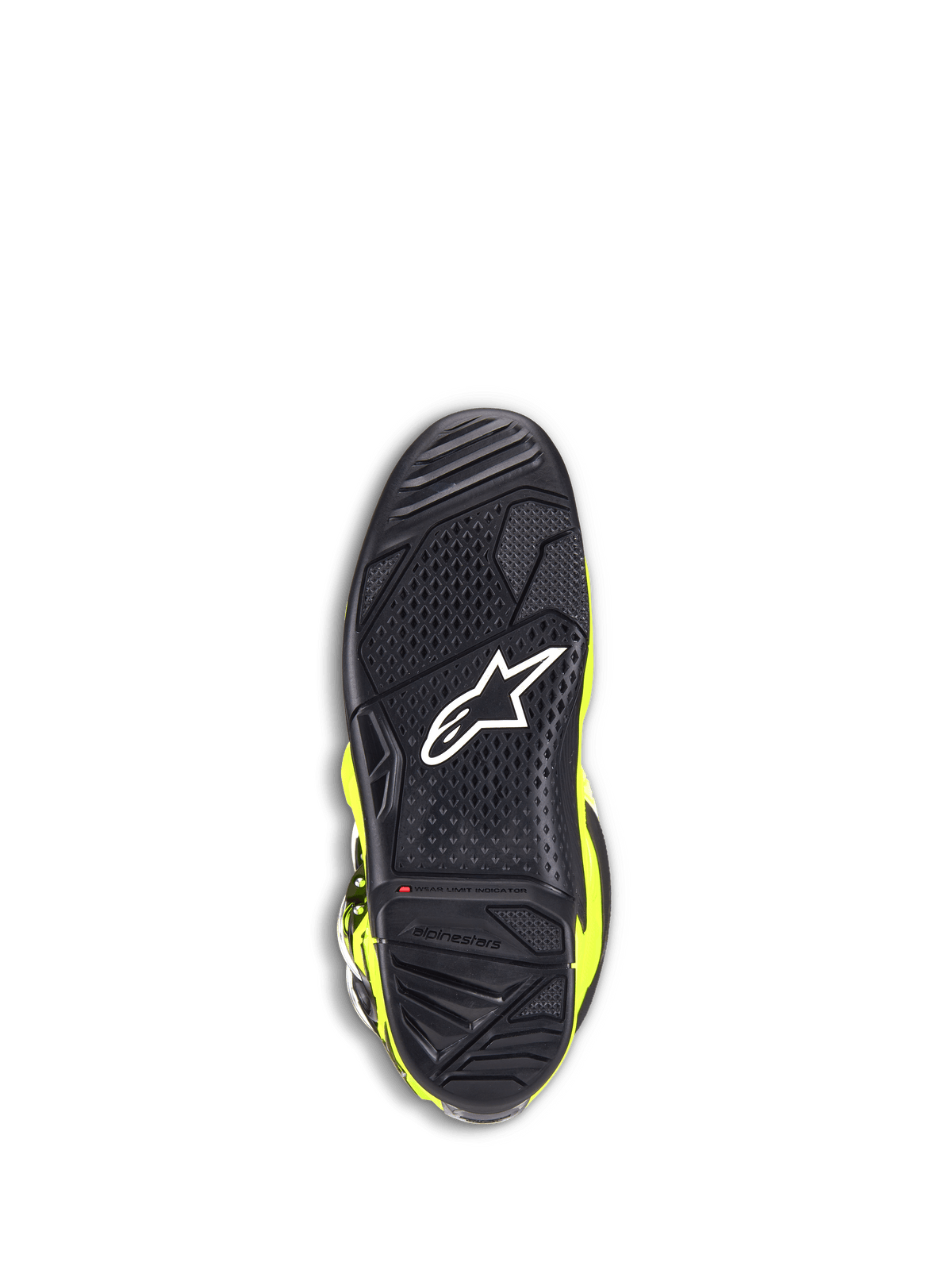 Botas Alpinestars Tech 7, botas de motocross, Amarelo Fluo e Preto, vista inferior da sola de borracha preta com um padrão de aderência texturizado, logótipo de estrela branco e um indicador de limite de desgaste vermelho para durabilidade off-road