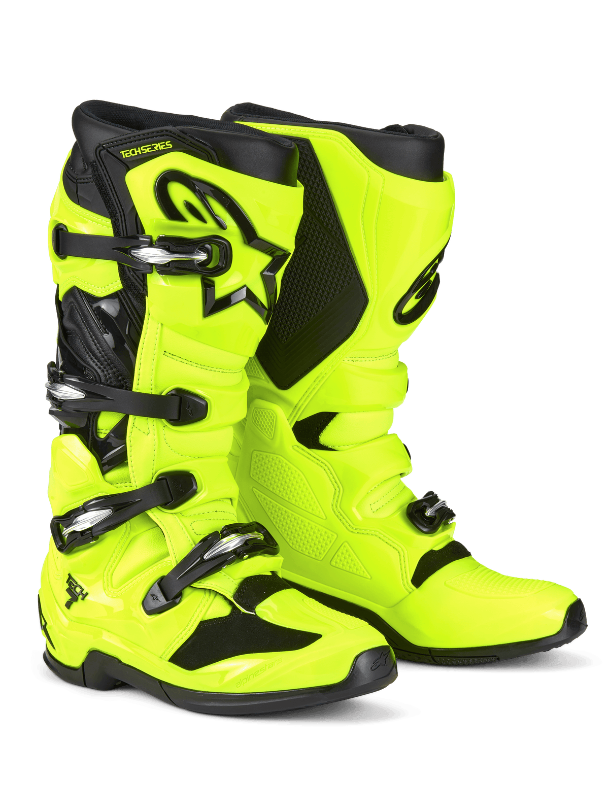 Botas de Motocross Alpinestars Tech 7, Amarelo Fluo e Preto, com sistema de fecho de quatro fivelas, concha protetora em TPU, logótipo Astars preto na canela e sola resistente de composto duplo para corridas off-road
