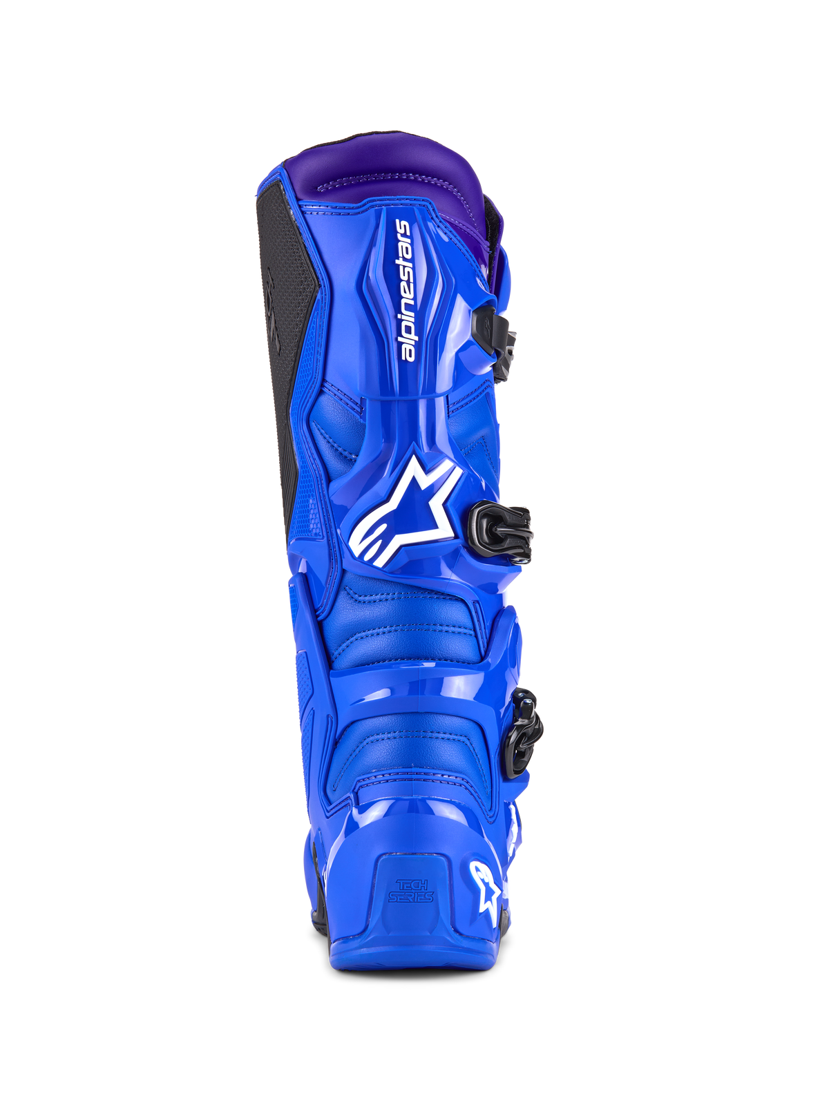 Alpinestars Tech 7 Boots, botas de motocross, azuis com detalhes em roxo, vista traseira mostrando a proteção em TPU, logótipo Alpinestars branco no calcanhar e painel lateral de aderência preto, calçado de alto desempenho para todo-o-terreno