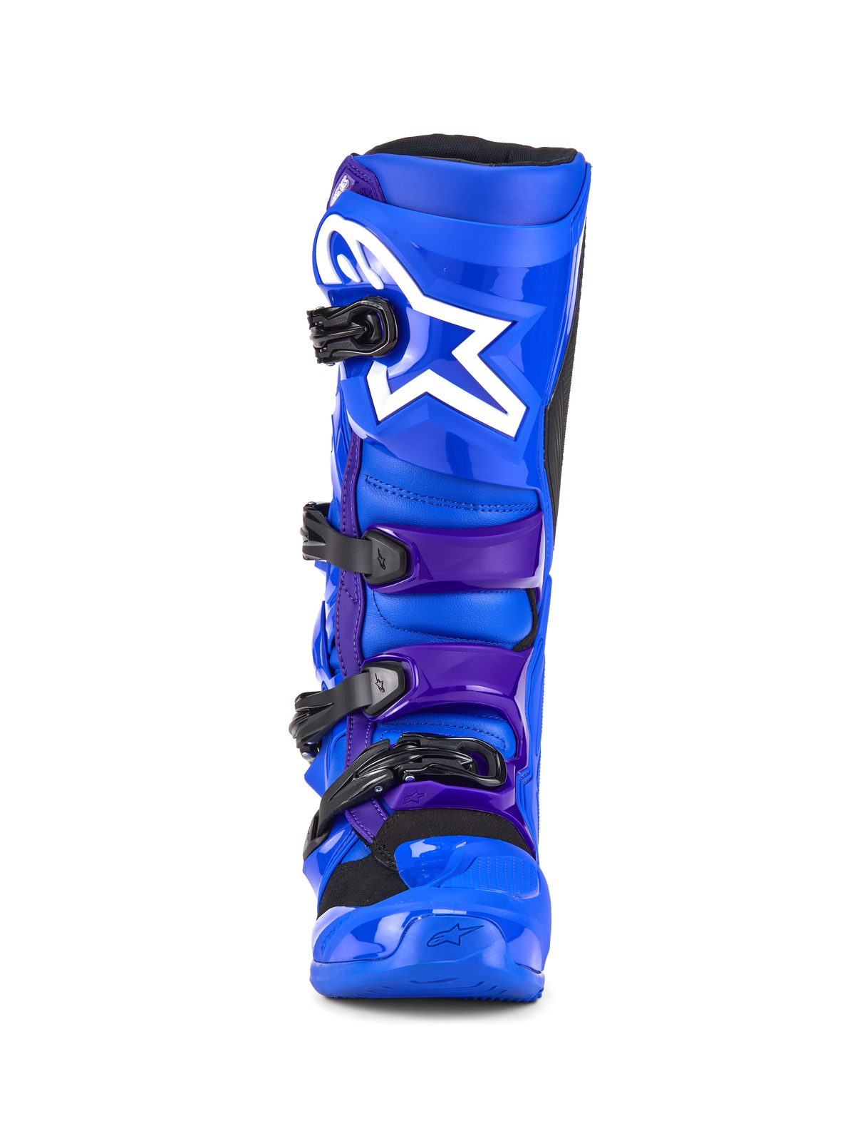 Botas Alpinestars Tech 7, botas de motocross, azuis e roxas, com logótipo de estrela branca na placa da canela, sistema de fecho de quatro fivelas e construção em TPU reforçado para corridas todo-o-terreno, vista frontal