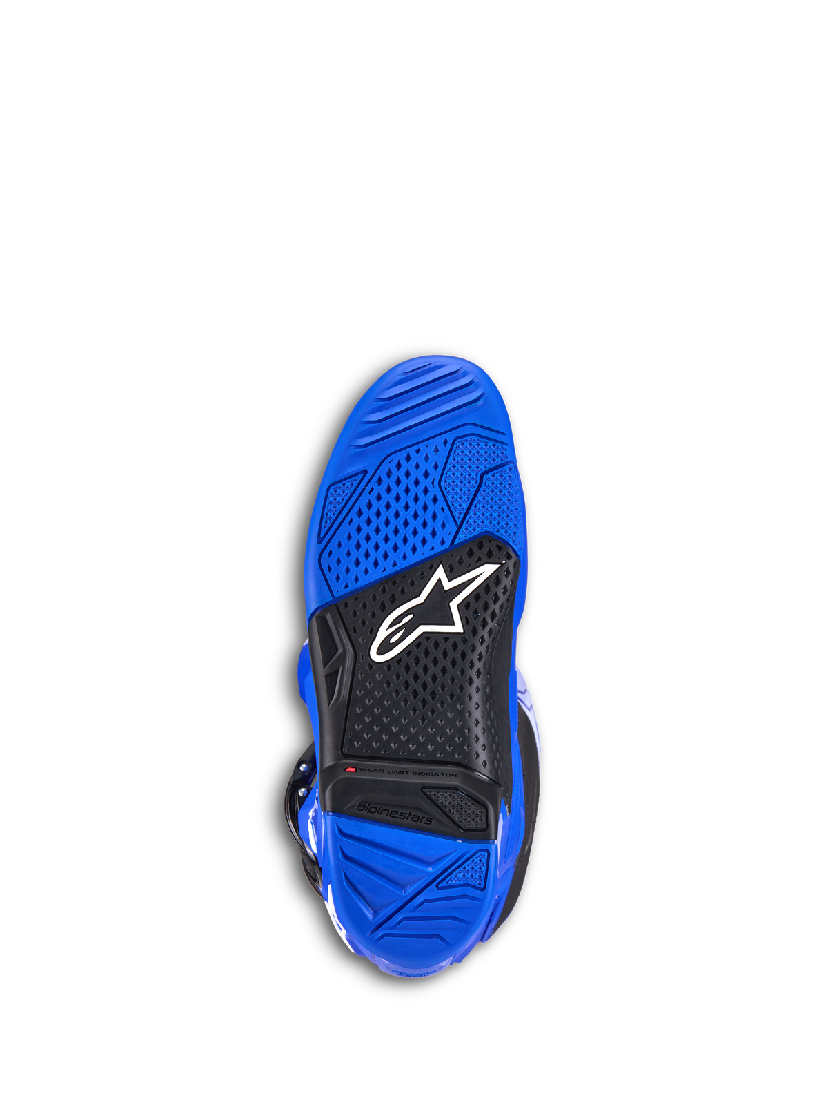 Botas Alpinestars Tech 7, botas de motocross, azul, vista inferior da sola a mostrar borracha texturizada azul e preta, logótipo Alpinestars branco e indicador de limite de desgaste vermelho, calçado durável para todo-o-terreno