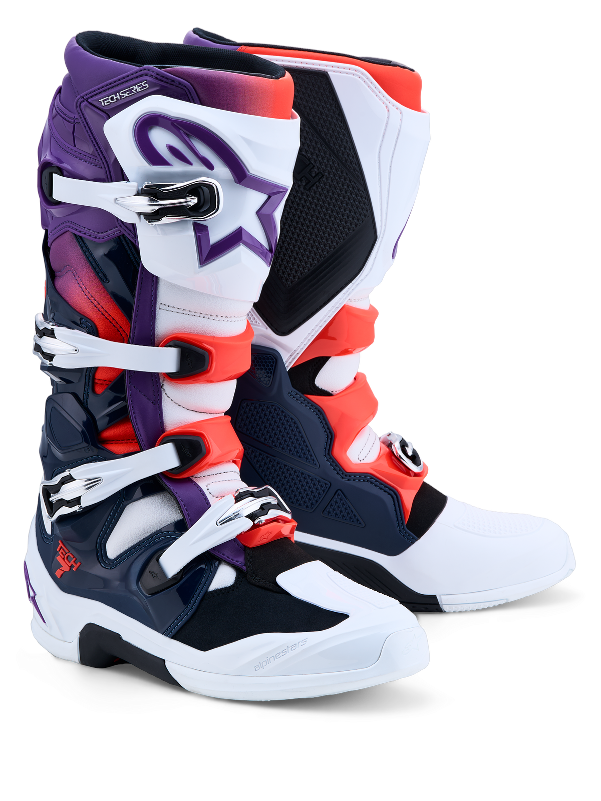 Alpinestars Tech 7, botas de motocross para homem, roxas, brancas, azuis escuras e vermelhas fluo, certificadas CE com proteção TPU