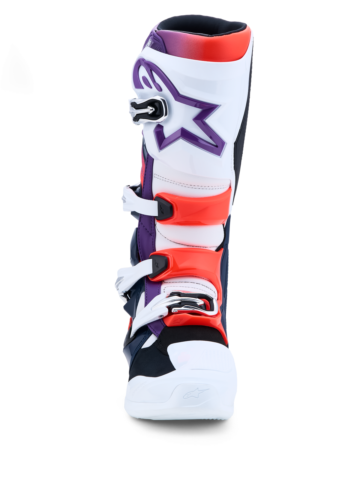 Alpinestars Tech 7, botas de motocross roxas, brancas e vermelho fluo, com proteção TPU e fechos de fivela.