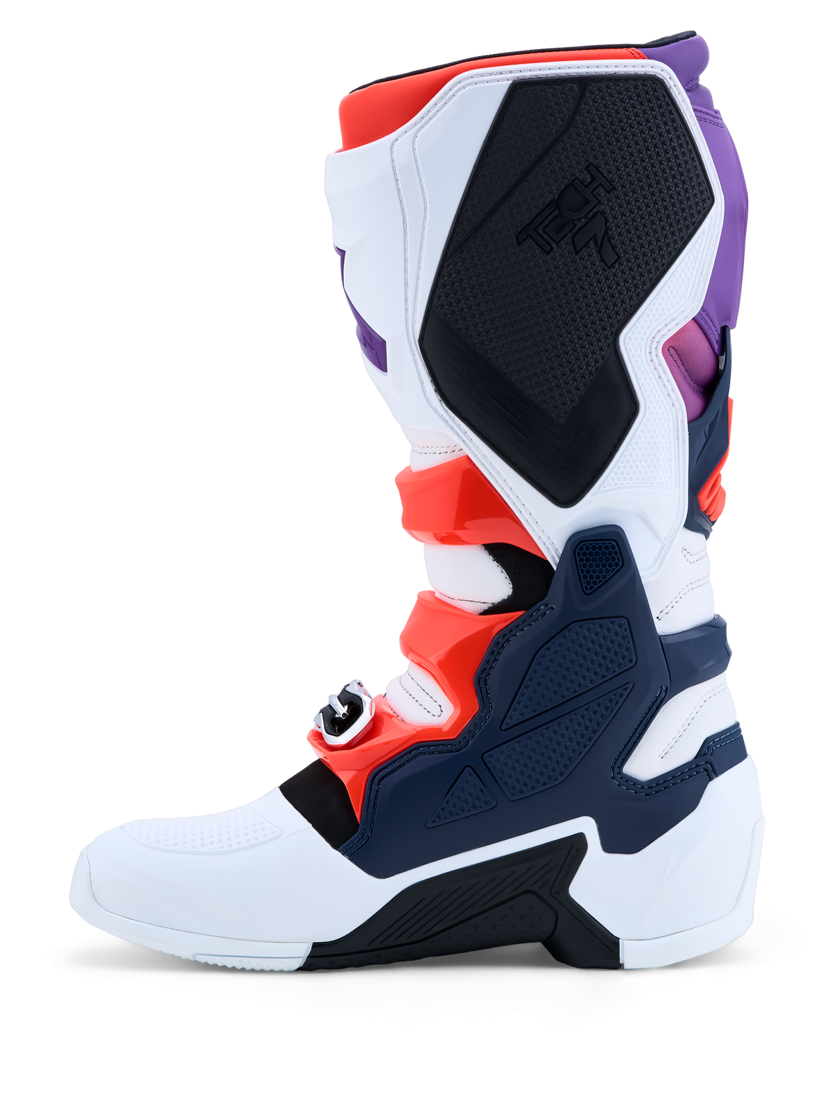 Alpinestars Botas Tech 7 de motocross para homem, em branco, azul e roxo com detalhes vermelho fluo e placas de TPU.
