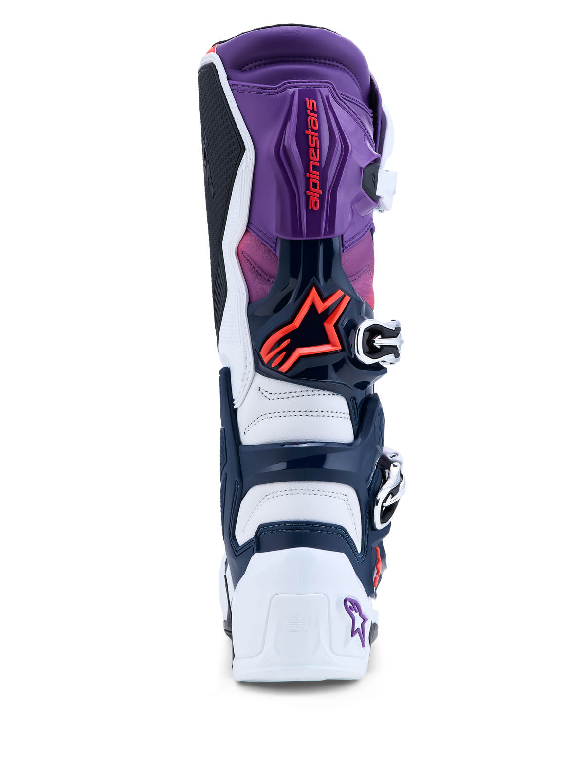 Alpinestars Tech 7, botas de motocross para homem, roxas e brancas, vista traseira, proteção TPU e detalhes vermelho fluo