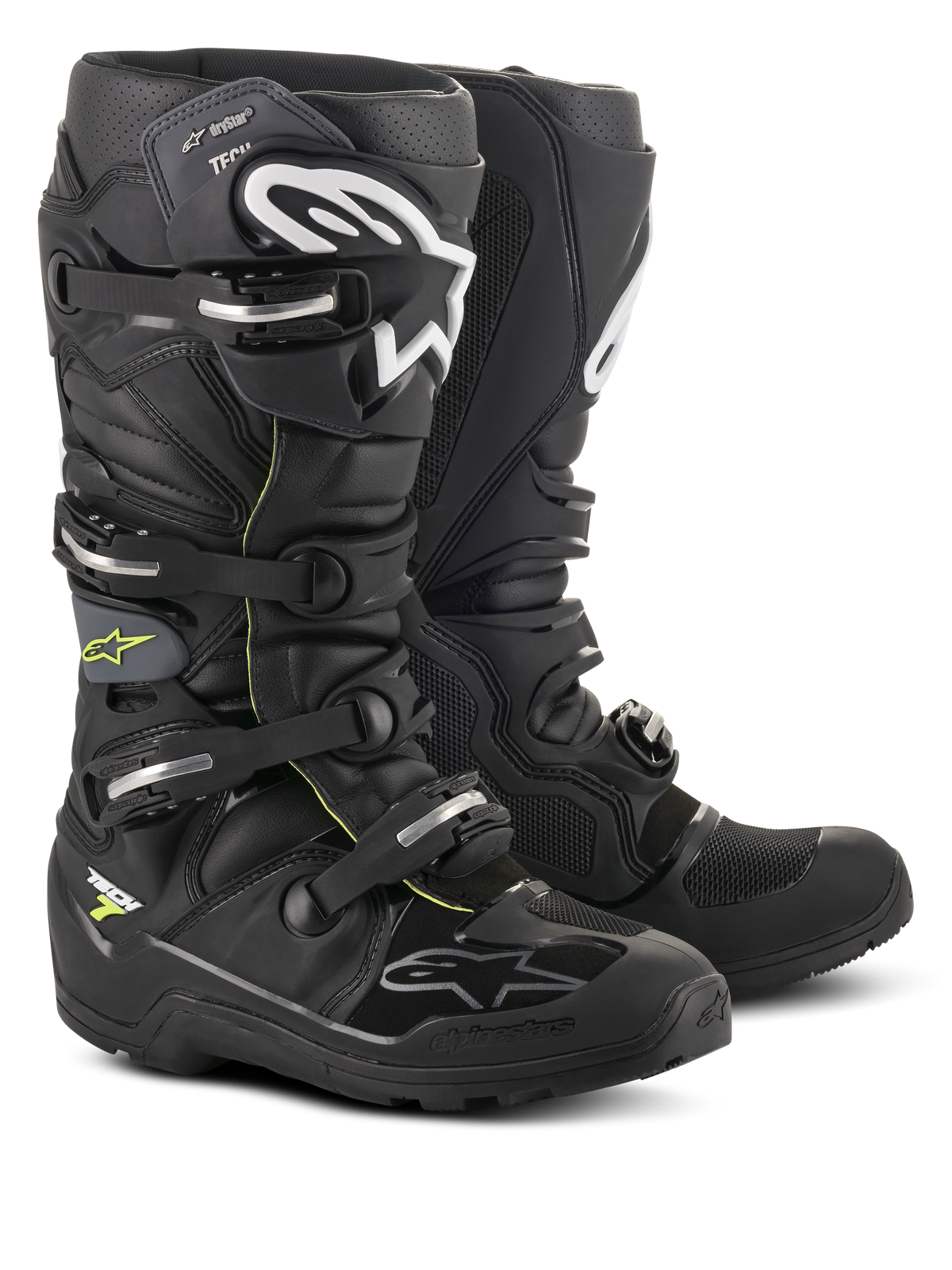 Botas Alpinestars Tech 7 Enduro Drystar®, calçado profissional de motocross e enduro, pretas e cinzentas com logótipos brancos e fivelas prateadas, design robusto e impermeável com solas de alta resistência para performance todo-o-terreno
