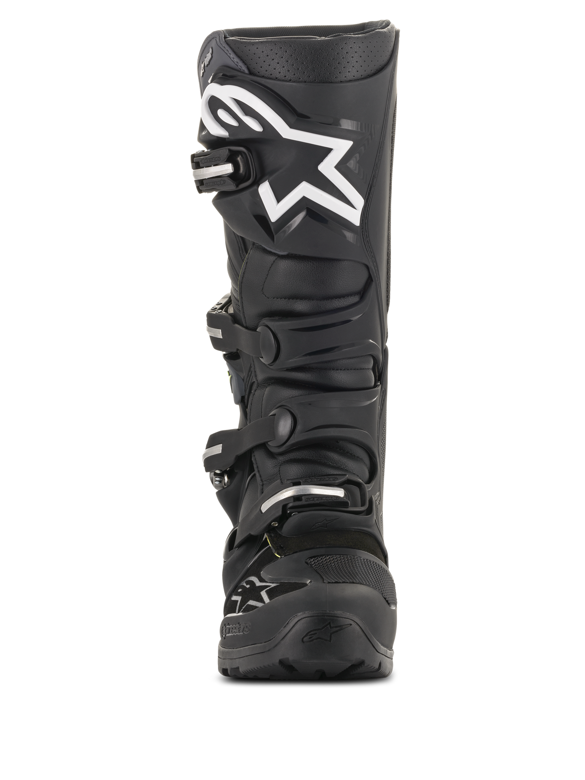 Botas Alpinestars Tech 7 Enduro Drystar®, botas de motocross pretas, vista frontal com um grande logótipo de estrela branco na canela, sistema de fecho de quatro fivelas, construção em TPU durável para enduro e todo-o-terreno