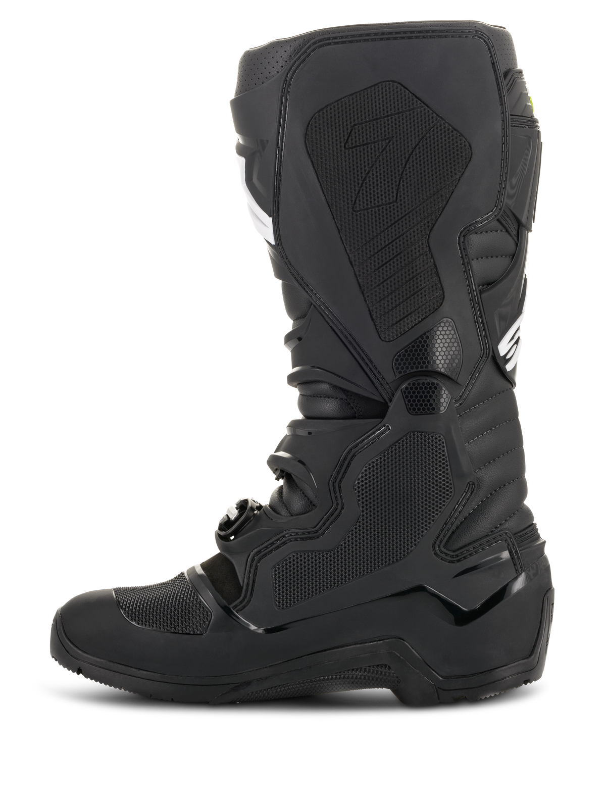 Botas Alpinestars Tech 7 Enduro Drystar®, pretas, vista de perfil lateral mostrando a face medial com painéis de aderência texturizados em favo de mel e o logótipo '7', calçado impermeável de motociclismo off-road para corridas de enduro