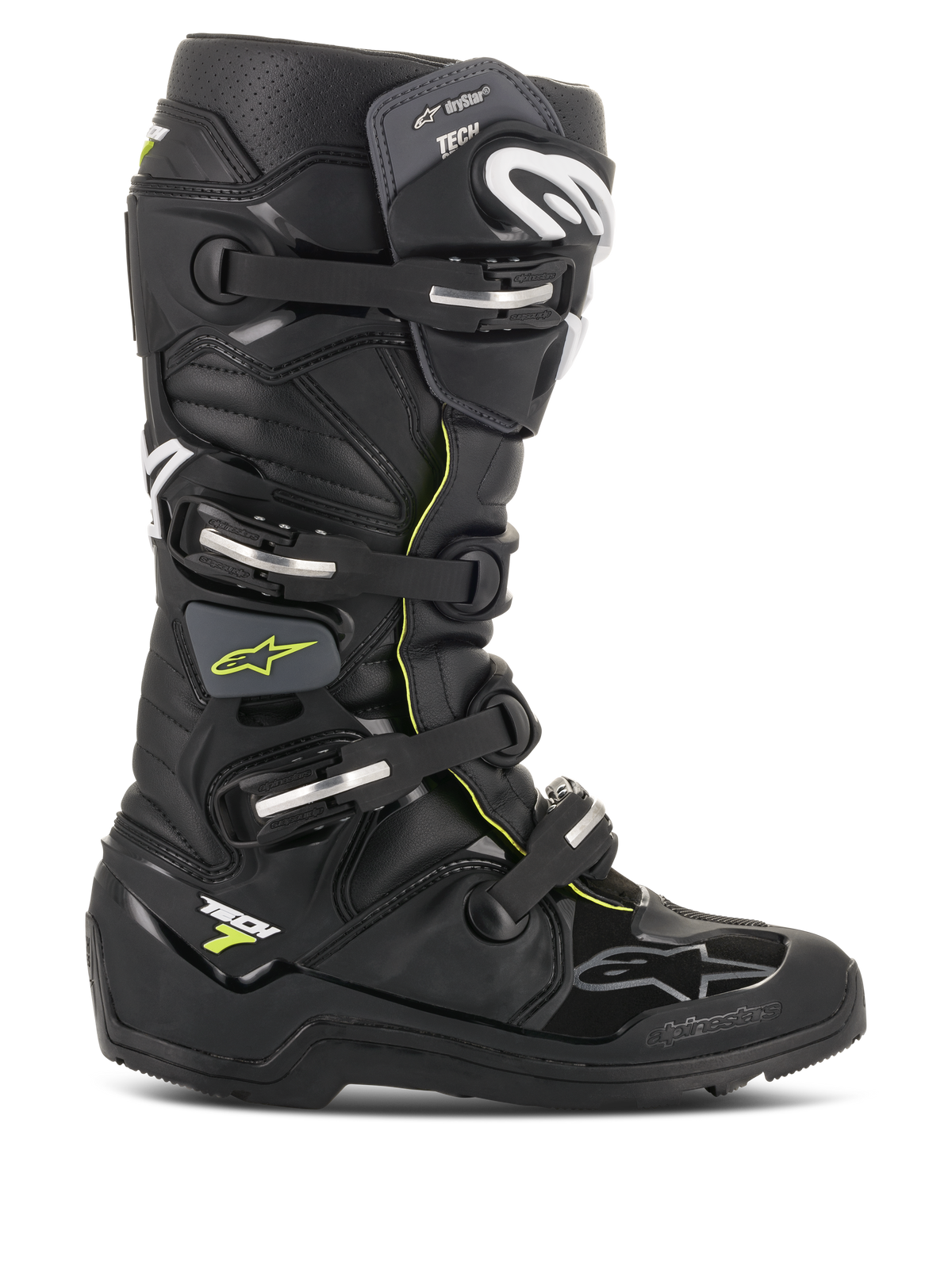 Botas Alpinestars Tech 7 Enduro Drystar, botas de motociclismo para todo-o-terreno, pretas com detalhes em amarelo fluorescente, impermeáveis, quatro fivelas prateadas, sola robusta de alta aderência e construção protetora em TPU para a prática de Enduro