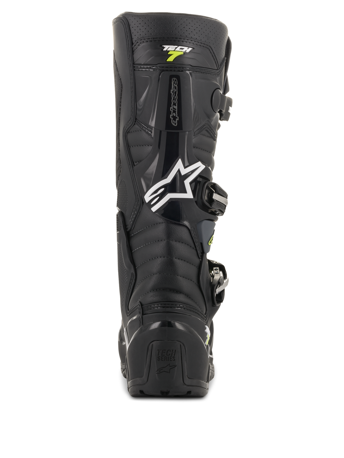 Botas Alpinestars Tech 7 Enduro Drystar, botas de motocross pretas e cinzentas, vista traseira apresentando o logótipo Alpinestars branco e a marca 'Tech 7', proteção robusta do calcanhar em TPU e construção reforçada para durabilidade em todo-o-terreno