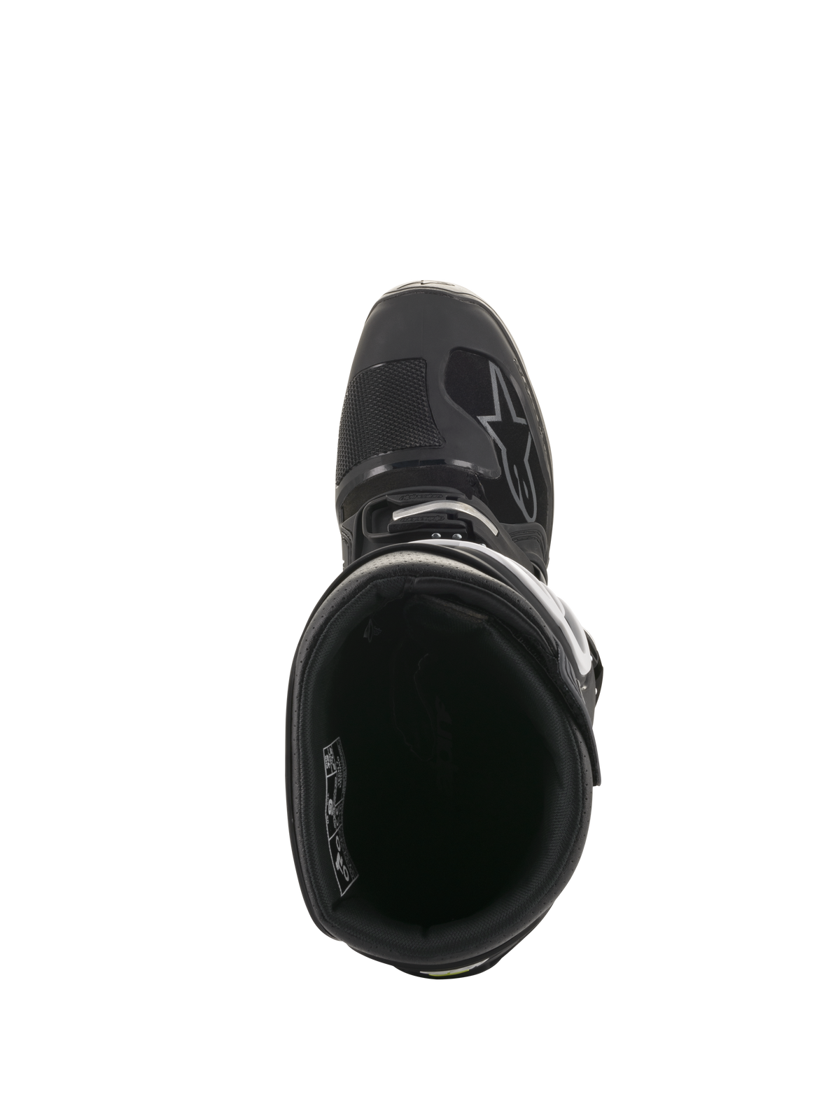 Botas Alpinestars Tech 7 Enduro Drystar®, vista superior do interior mostrando o forro e a gola acolchoada do tornozelo, calçado técnico de todo-o-terreno em preto e cinzento com sistema de fivelas seguro