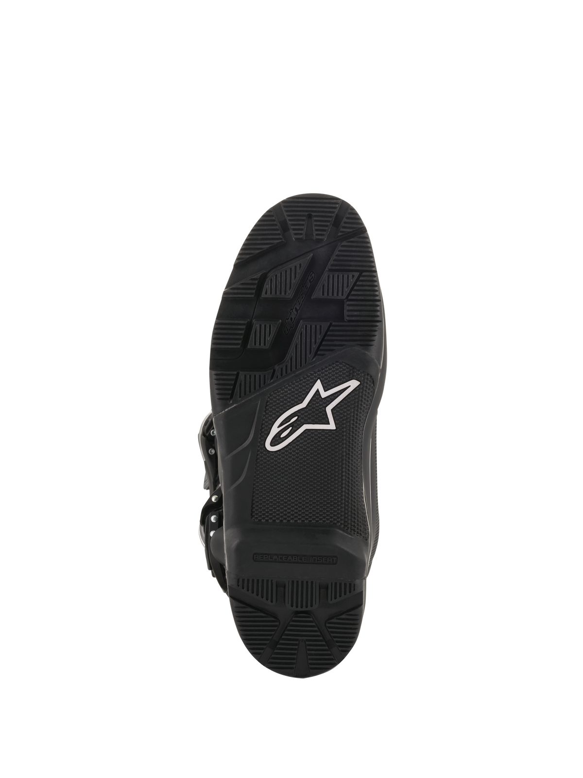 Botas Alpinestars Tech 7 Enduro Drystar®, botas de motocross e enduro, vista da sola em preto, composto de borracha de alta aderência com logótipo de estrela branco e inserção substituível para um desempenho duradouro em todo-o-terreno