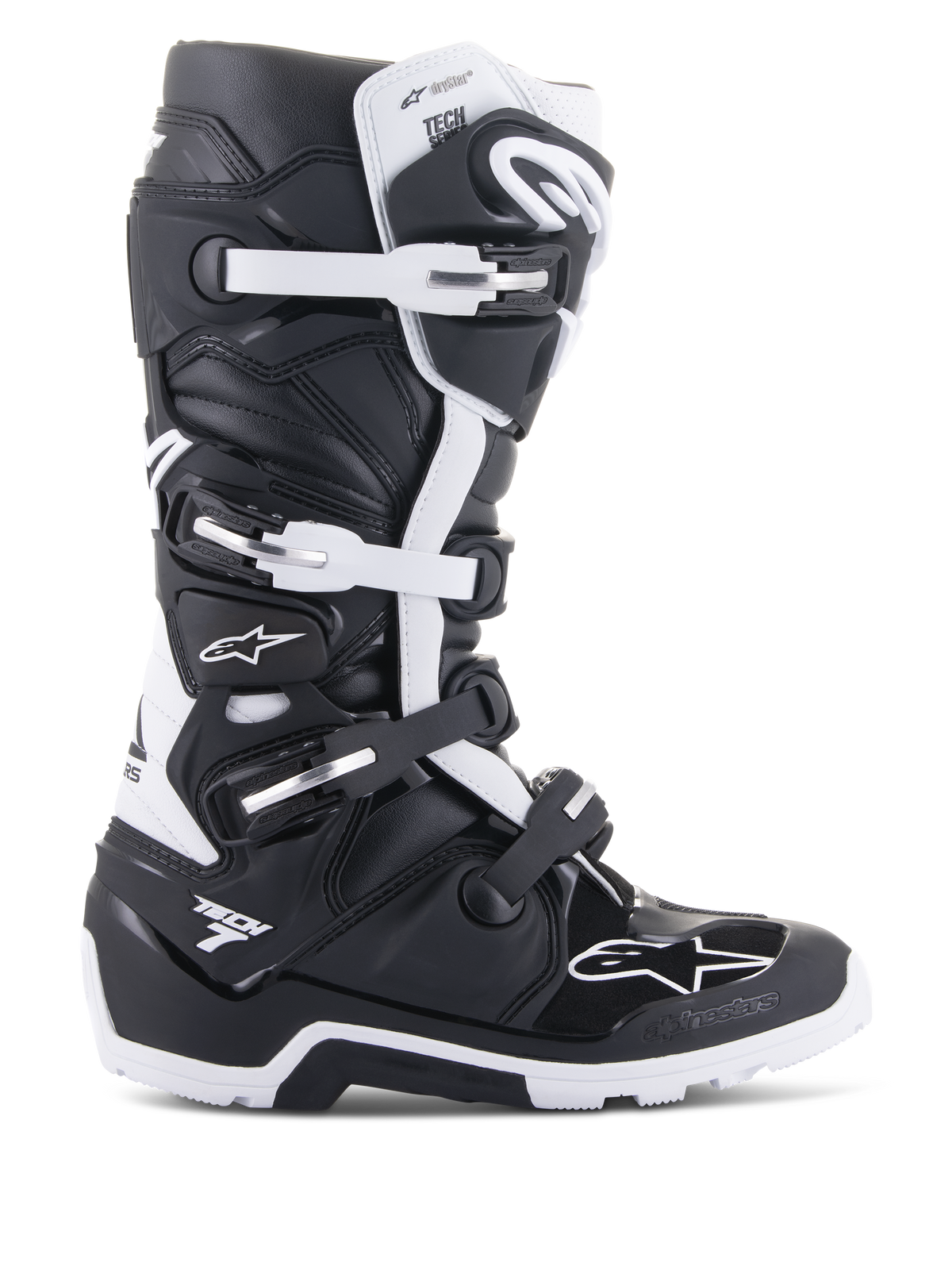 Alpinestars Tech 7 Enduro Drystar Boots, Enduro and Off-Road Motorcycle Boots, Black and White, four-buckle closure system, waterproof Drystar membrane branding, rugged sole for off-road grip, durable TPU protection panels with Alpinestars logos