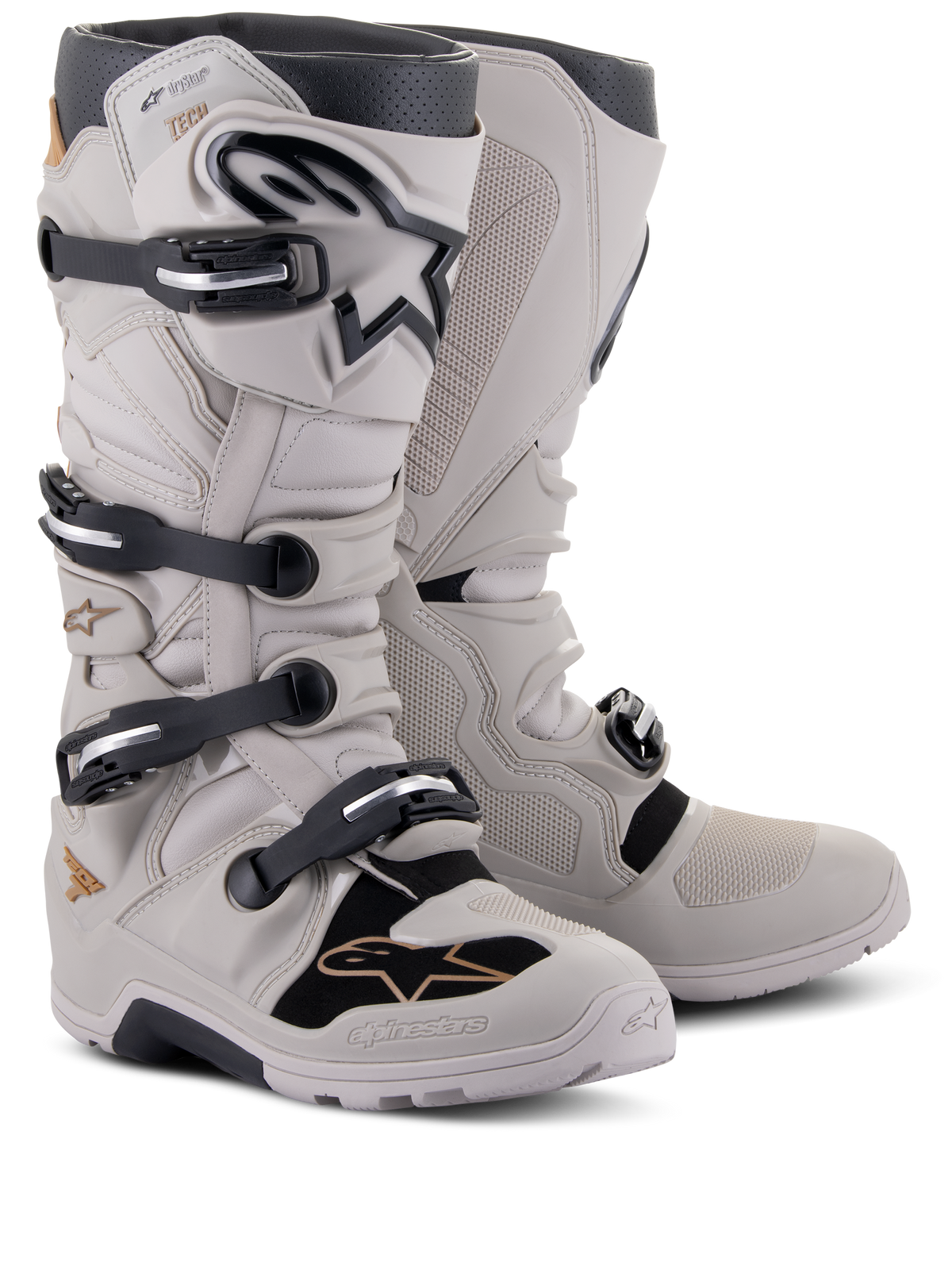 Botas Alpinestars Tech 7 Enduro Drystar®, botas de enduro off-road, Gray Sand, com quatro fechos de fivela pretos, membrana impermeável, placa de canela em TPU e sola robusta para motocross e enduro
