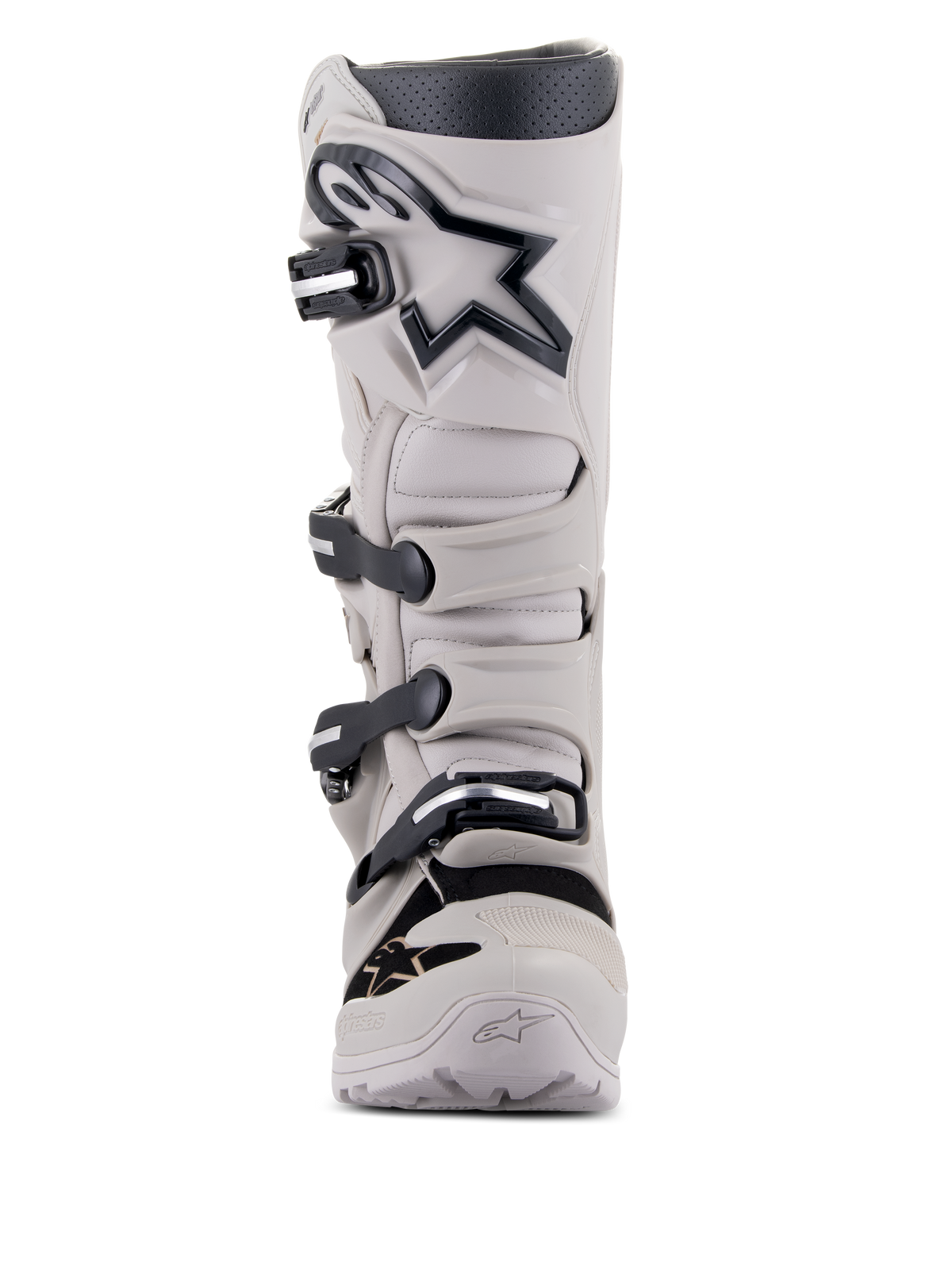 Botas Alpinestars Tech 7 Enduro Drystar®, botas de motociclismo para Enduro e todo-o-terreno, cinzento claro com pormenores e logótipo em preto, com sistema de fecho de quatro fivelas, placa de canela reforçada e design robusto para desempenho em todas as condições climatéricas