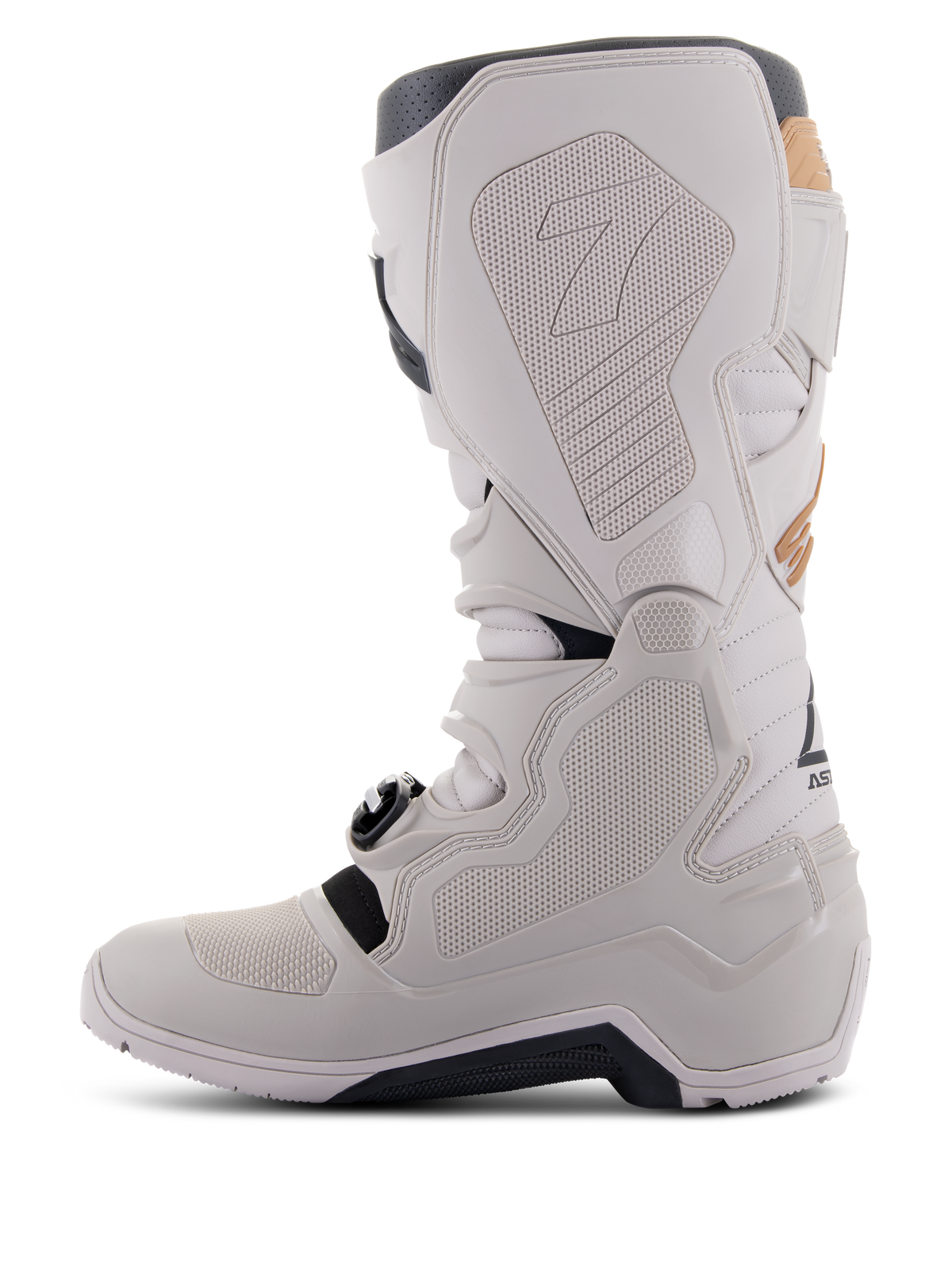 Botas Alpinestars Tech 7 Enduro Drystar® em Gray Sand, vista lateral interna com painéis de aderência em textura de favo de mel, construção em TPU cinzento claro e microfibra, sola exterior preta e membrana impermeável para desempenho todo-o-terreno