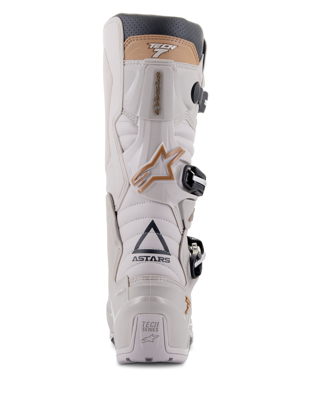 Botas Alpinestars Tech 7 Enduro Drystar®, Gray Sand, vista traseira realçando a marca ASTARS e a placa de calcanhar TECH SERIES, estrutura em TPU cinzento claro com pormenores bege e fivelas pretas, desenvolvidas para a prática de enduro