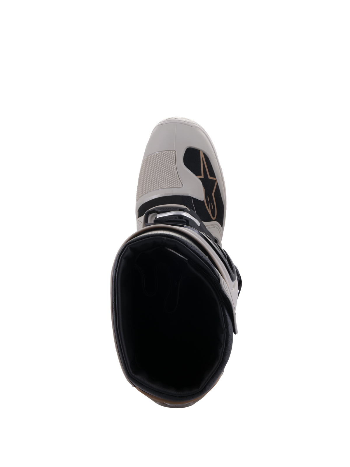Botas Alpinestars Tech 7 Enduro Drystar®, Gray Sand, vista superior da abertura da bota e da biqueira reforçada, com detalhes em preto e o logótipo Alpinestars, calçado impermeável de motociclismo para todo-o-terreno