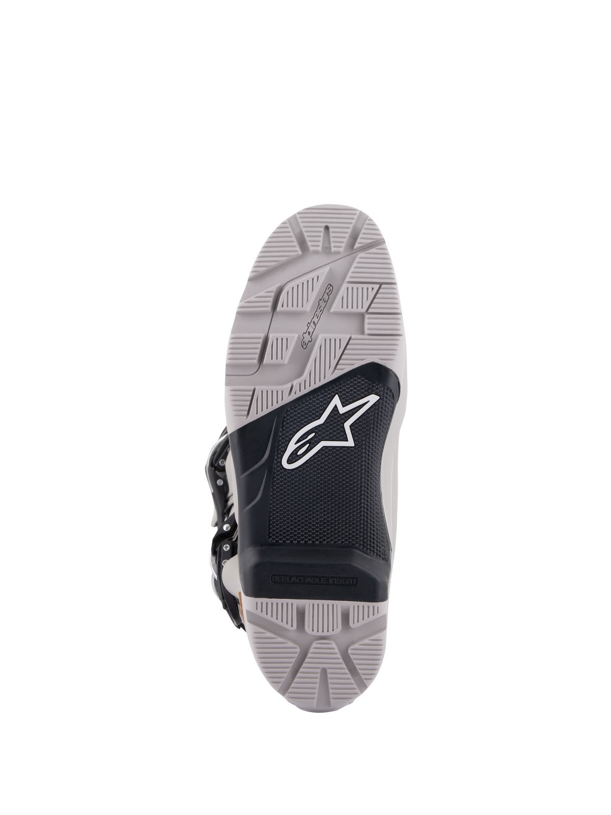 Botas Alpinestars Tech 7 Enduro Drystar®, vista da sola, cinzento e preto, padrão de rasto de alta aderência com painel central preto texturizado, logótipo Astar branco, inclui uma inserção substituível para durabilidade e tração na condução de enduro