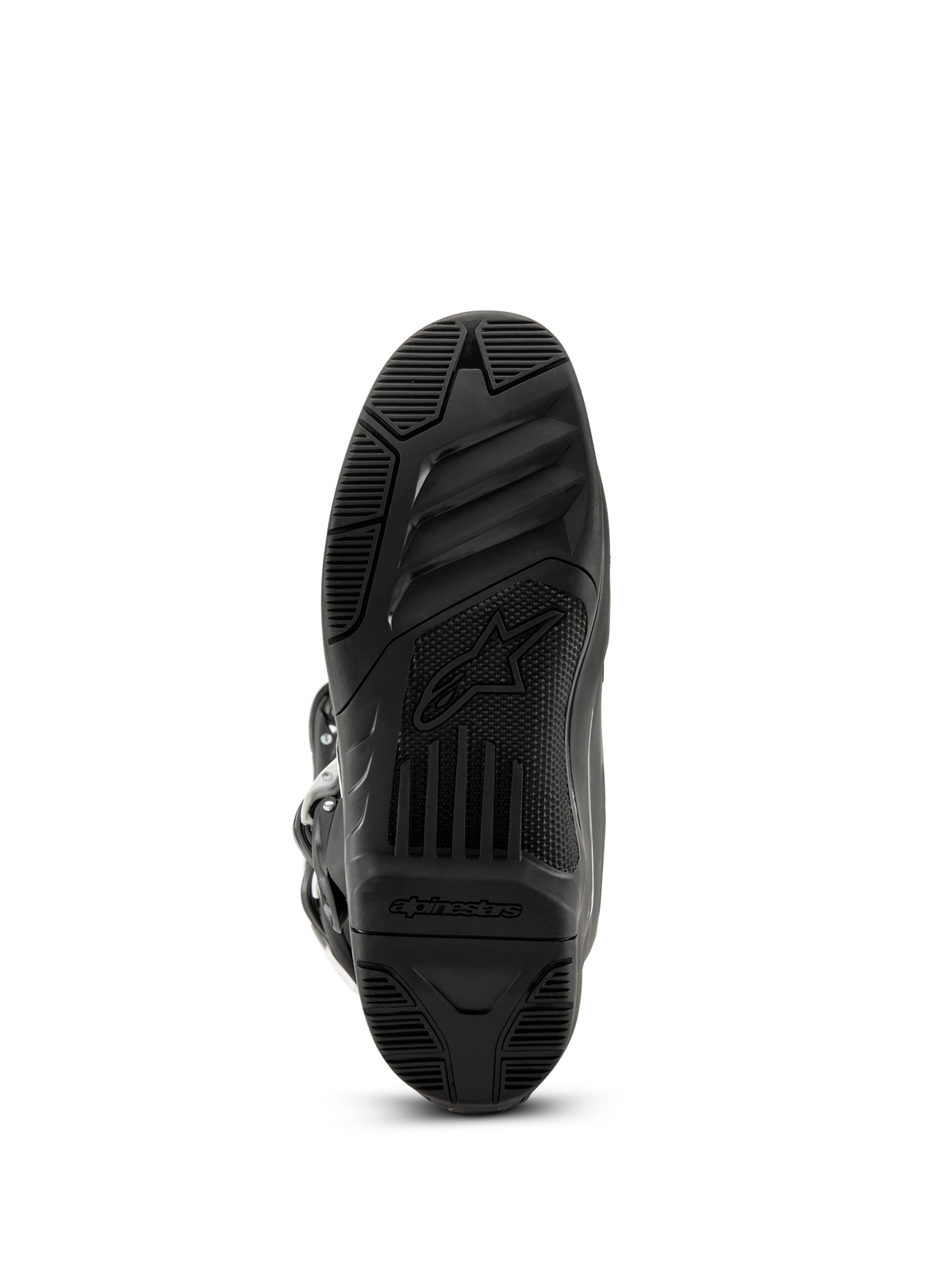 Alpinestars Tech 3 Boots, Motocross Boots, Black, bottom view of the textured rubber outsole featuring the Alpinestars logo and wordmark, high-grip tread design for off-road performance