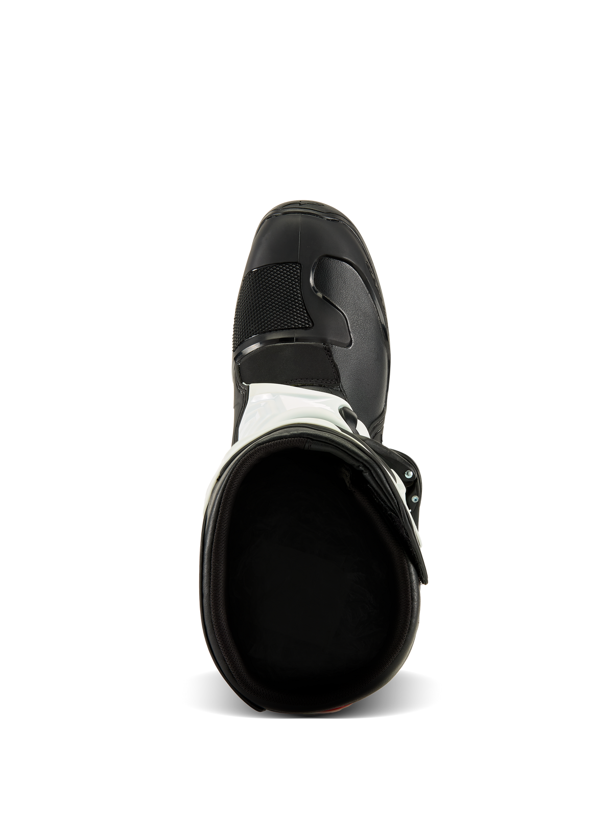 Alpinestars Tech 3 Boots, Top-down view, Black and White, showing the interior textile lining and reinforced black toe box, motocross and off-road protective footwear