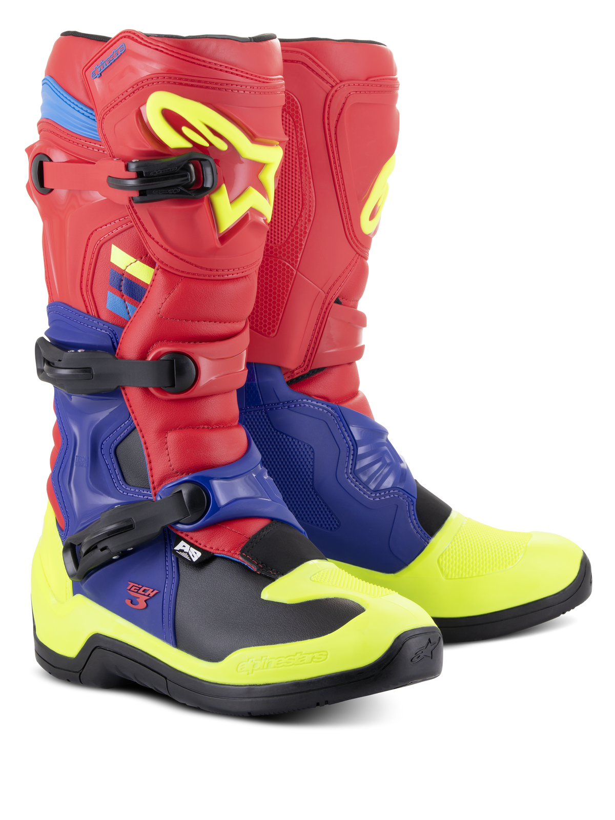 Botas Alpinestars Tech 3, botas de motocross, vermelho brilhante, azul escuro e amarelo néon, com sistema de fivelas triplas de polímero, placas de proteção em TPU contornadas e sola preta de alta aderência, concebidas para performance em motocross e todo-o-terreno