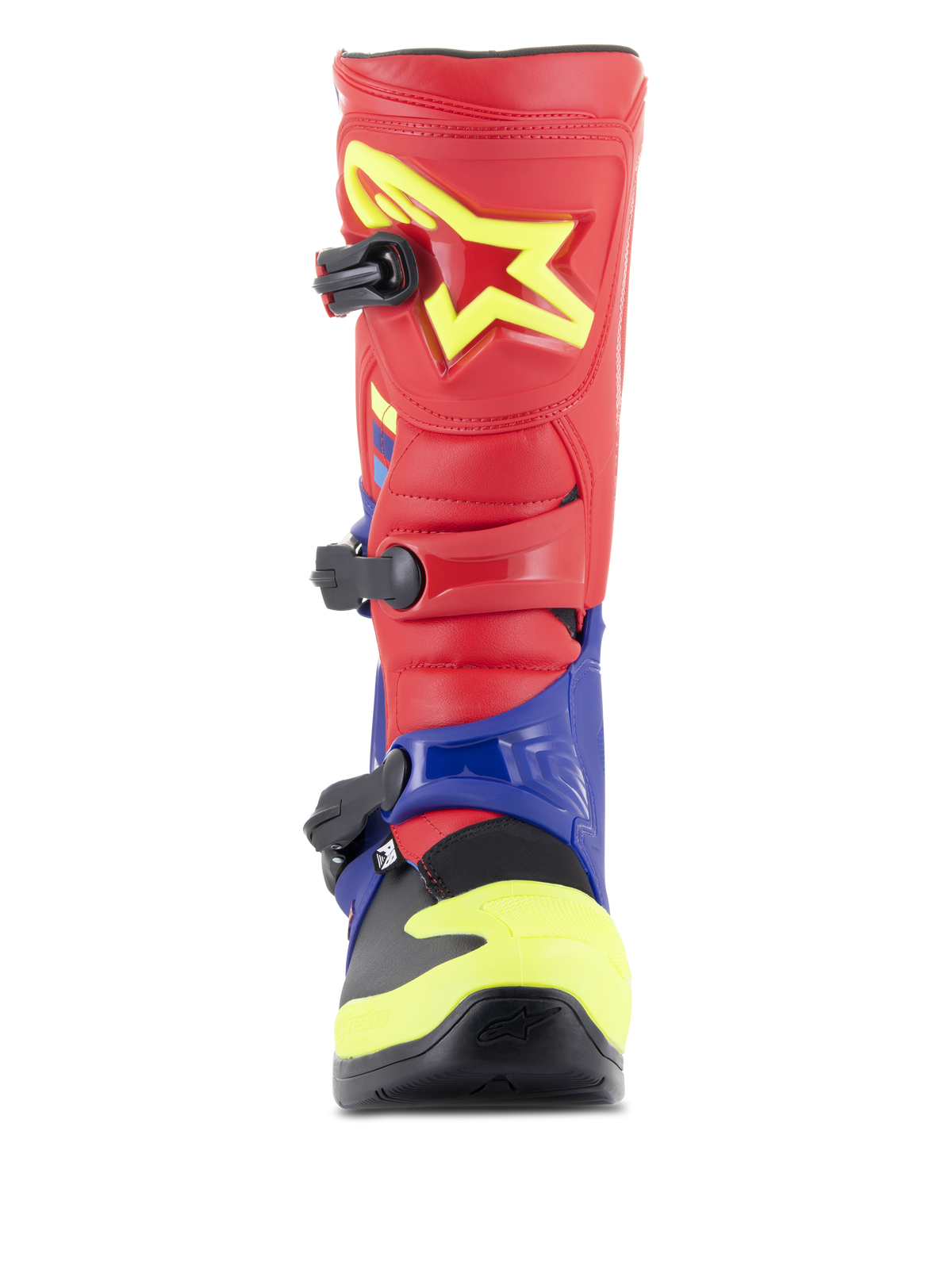 Botas Alpinestars Tech 3, botas de motocross, vermelho vivo, azul escuro e amarelo fluo, vista frontal mostrando o sistema de fecho de tripla fivela, placa de canela em TPU com logótipo de estrela amarelo e estrutura protetora do pé em composto duplo