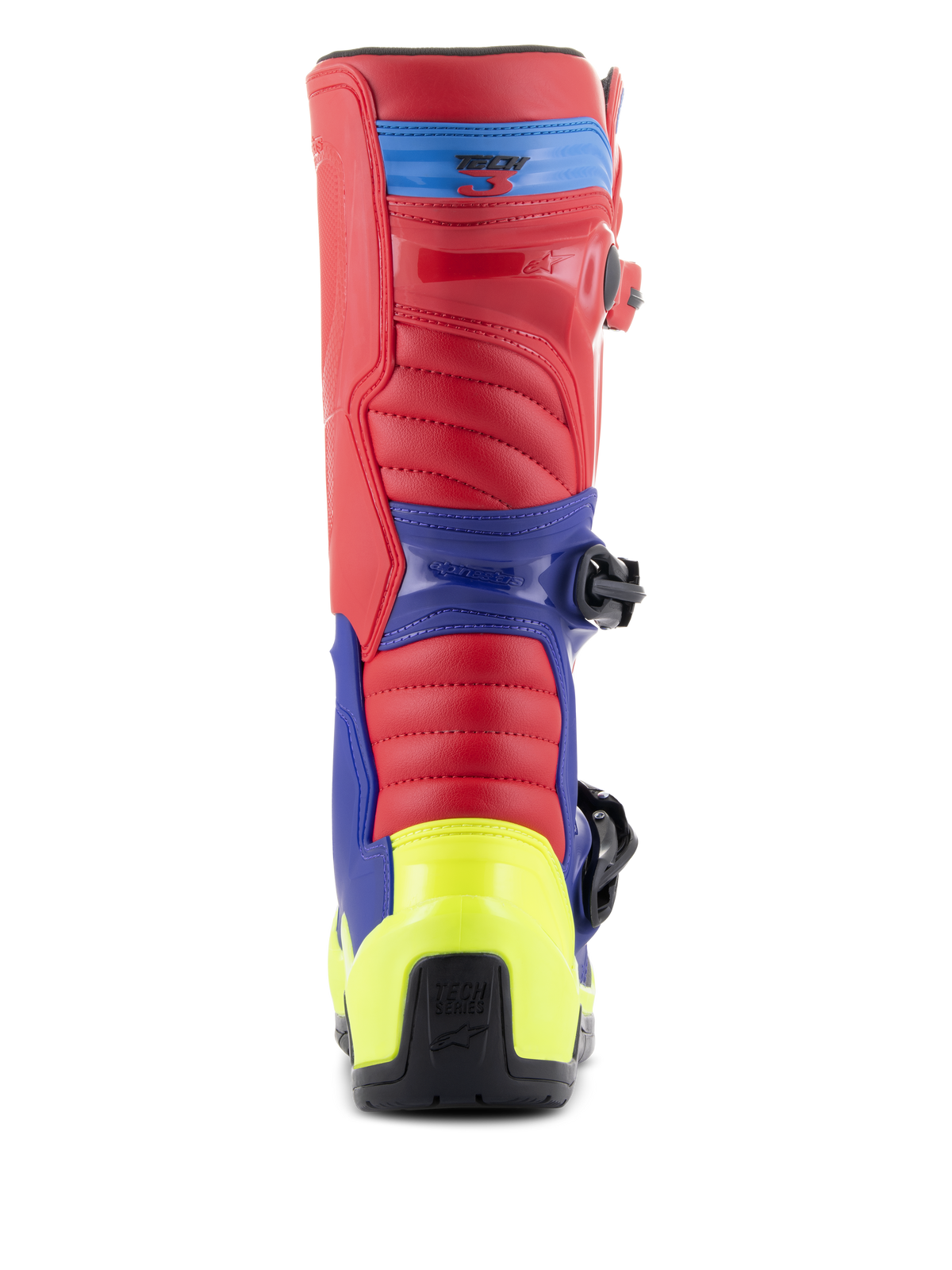 Botas Alpinestars Tech 3, botas de motocross, vermelho vivo, azul escuro e amarelo fluo, vista traseira com contraforte do calcanhar em amarelo néon, parte superior vermelha e painéis de suporte azuis, construção robusta para corridas off-road