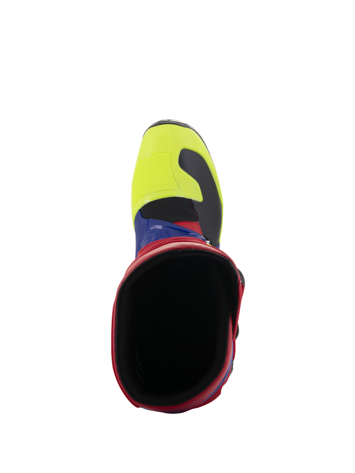 Botas Alpinestars Tech 3, botas de motocross, vermelho vivo, azul escuro e amarelo néon, vista superior da abertura da bota, com biqueira amarelo néon e gola vermelha, calçado de proteção durável para todo-o-terreno