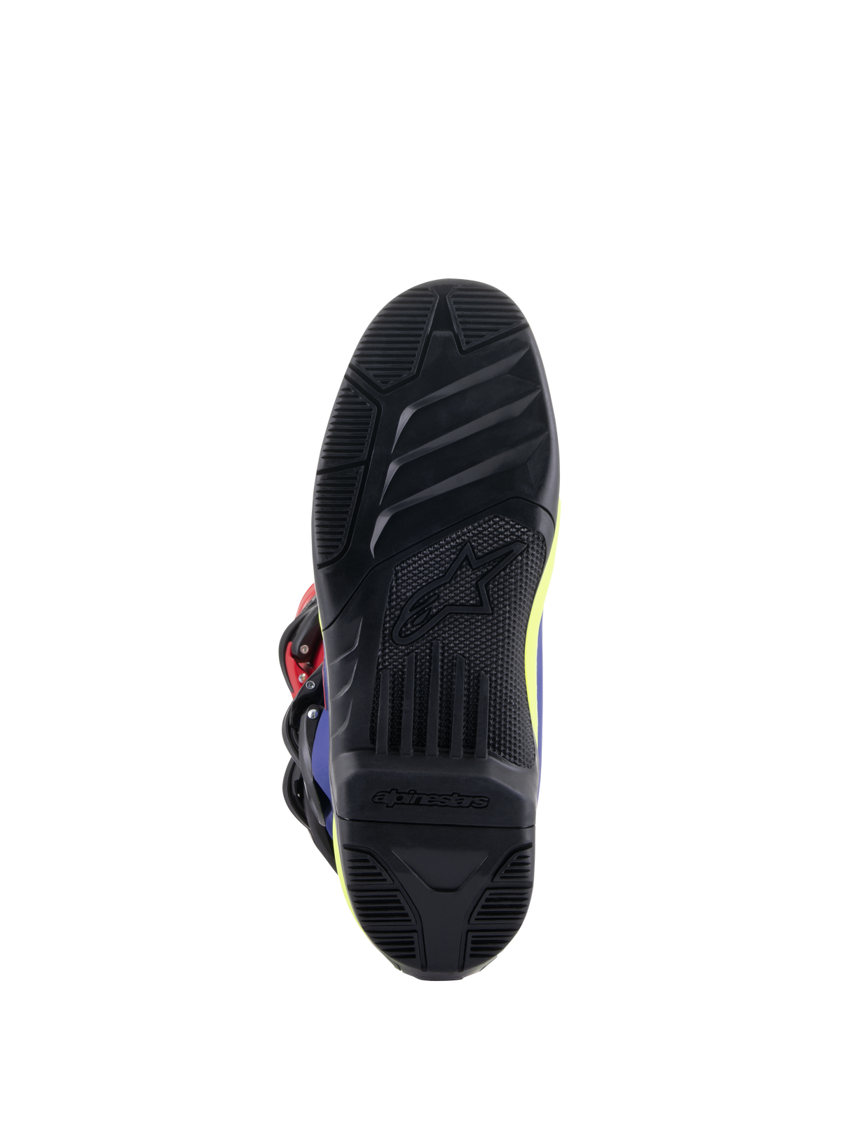 Botas Alpinestars Tech 3, botas de motocross, vermelho vivo, azul escuro e amarelo néon, vista detalhada da sola de borracha preta de alta aderência com padrões de rasto texturizados e logótipo Alpinestars em relevo para maior controlo nos poisa-pés.