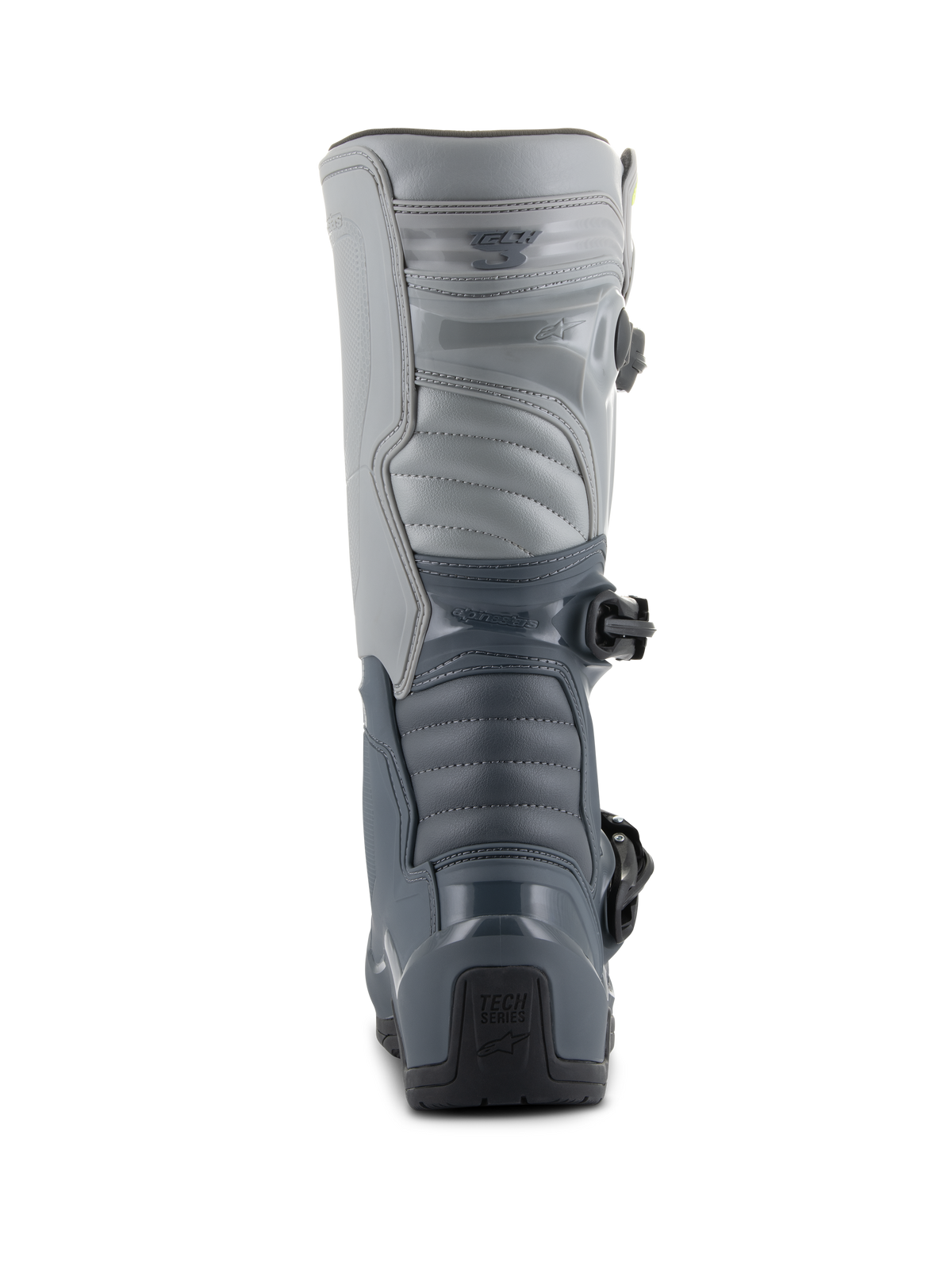 Alpinestars Tech 3 Boots, Motocross Boots, Dark Gray, Light Gray, and Black, rear view featuring durable TPU protection plates, segmented gray panels, and 'Tech Series' branding on the heel.