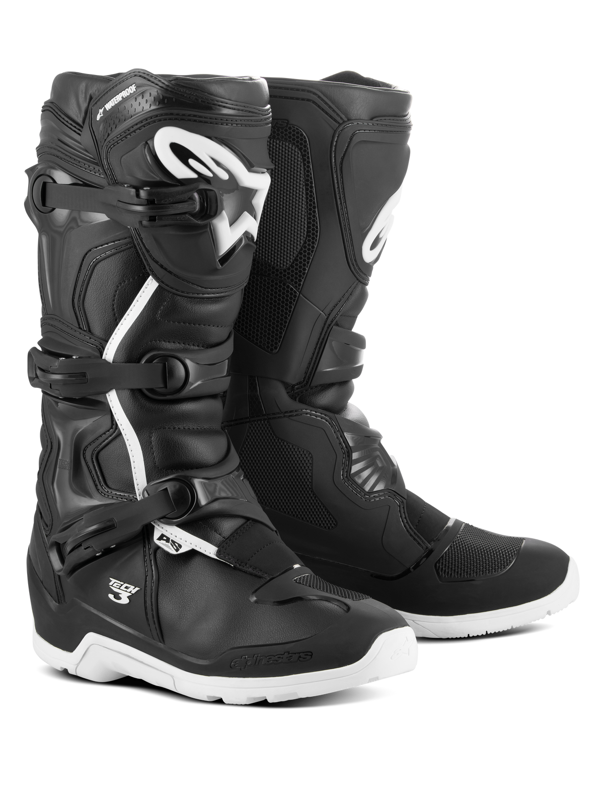 Botas Alpinestars Tech 3 Enduro Waterproof, botas de motocross e todo-o-terreno, pretas e brancas, com sistema de fecho de três fivelas, logótipo TPU branco na canela, proteção reforçada no tornozelo e calcanhar, e solas brancas duráveis.