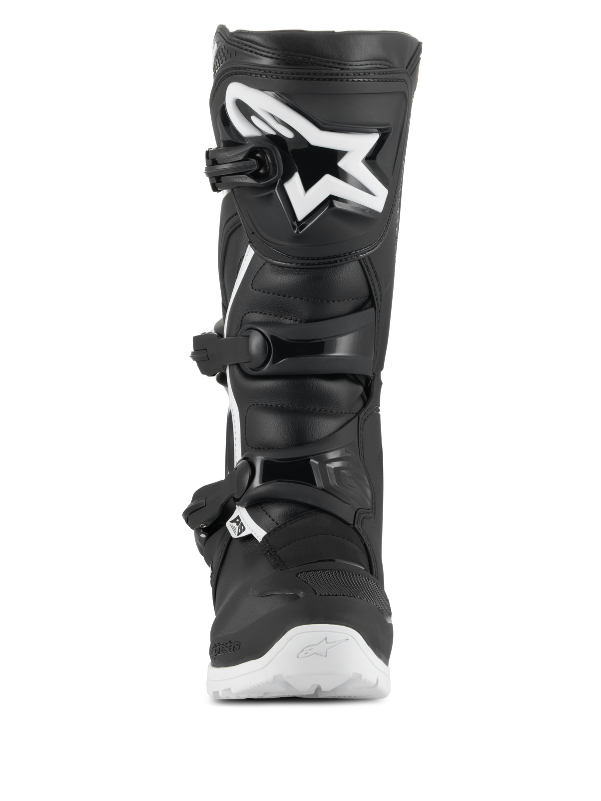 Botas Alpinestars Tech 3 Enduro Waterproof, botas de motocross e enduro, pretas e brancas, vista frontal com um grande logótipo de estrela branco na placa da tíbia em TPU, sistema de fecho de tripla fivela e sola branca rugosa para tração todo-o-terreno