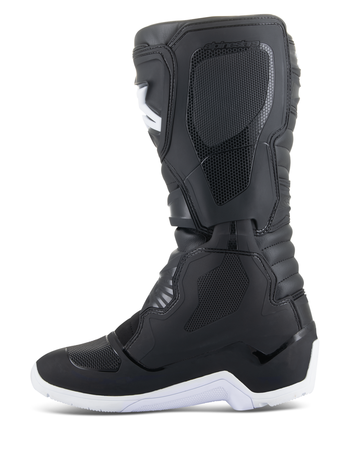 Botas Alpinestars Tech 3 Enduro Waterproof, botas de motocross e enduro, pretas e brancas, vista de perfil lateral com painéis protetores texturizados, sola rugosa branca e parte superior sintética impermeável para condução todo-o-terreno