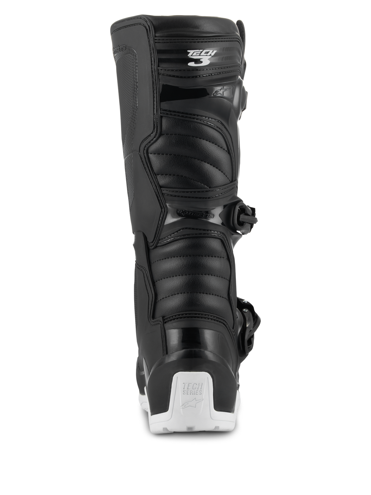 Botas Alpinestars Tech 3 Enduro Waterproof, botas de motocross e enduro, pretas e brancas, vista traseira mostrando o logótipo Tech 3 na zona da barriga da perna, painéis flexíveis em estilo acordeão e protetor de calcanhar branco com a marca Tech Series, concebidas para condução todo-o-terreno e aventura