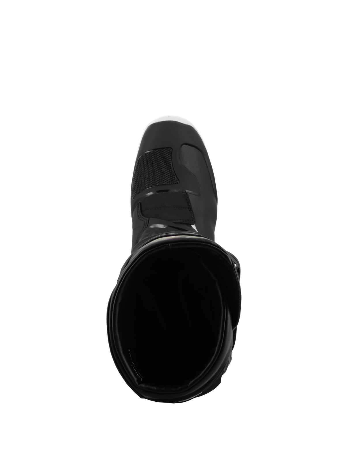 Botas Alpinestars Tech 3 Enduro Waterproof, pretas e brancas, vista superior da abertura da bota, mostrando o forro interior e a biqueira reforçada, concebidas para condução de todo-o-terreno e aventura