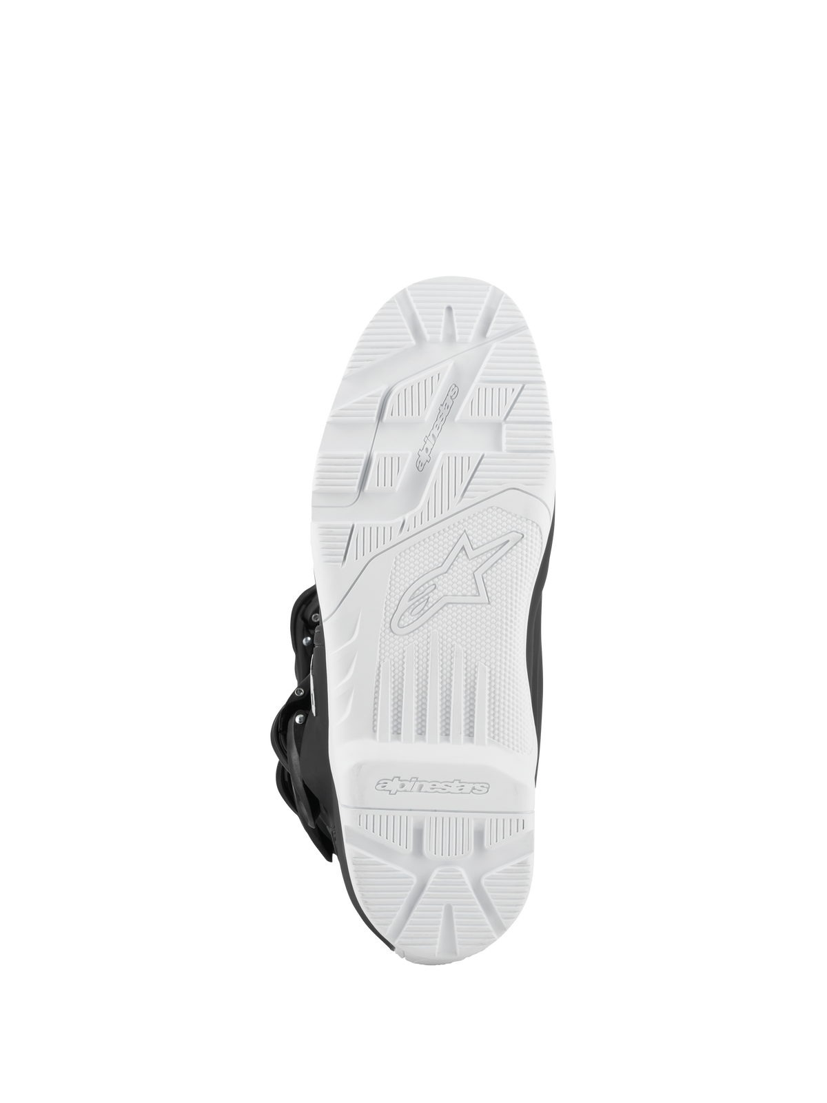 Botas Alpinestars Tech 3 Enduro Waterproof, pretas e brancas, vista inferior da sola branca de alta aderência com relevo, padrão de tração para todo-o-terreno com logótipo em relevo, sola exterior durável concebida para performance em motocross e enduro.