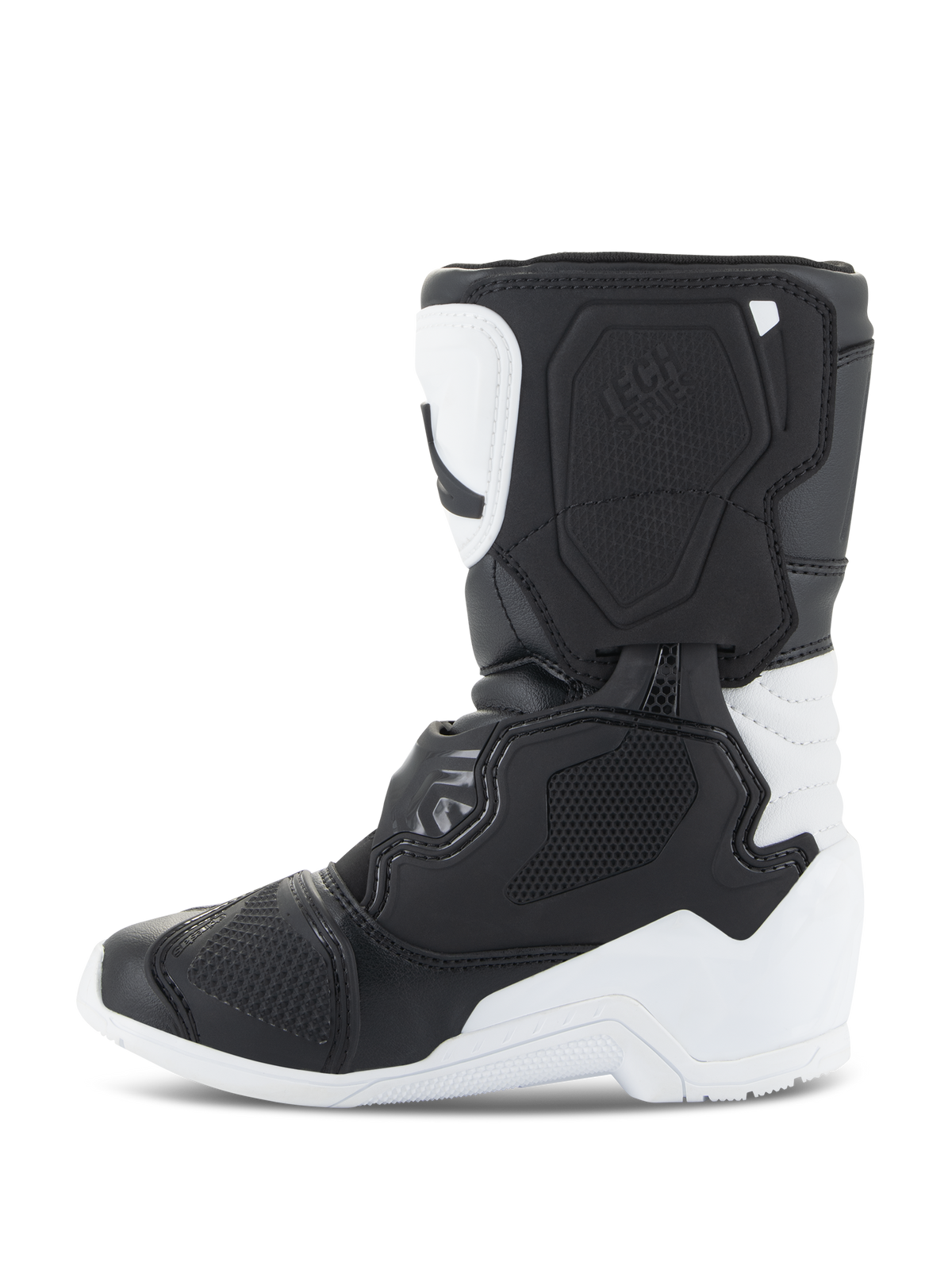 Botas Alpinestars Kids Tech 3S, botas de motocross, brancas e pretas, vista de perfil lateral destacando as placas protetoras de TPU, construção robusta em microfibra e design multi-painel para jovens pilotos de motocross.