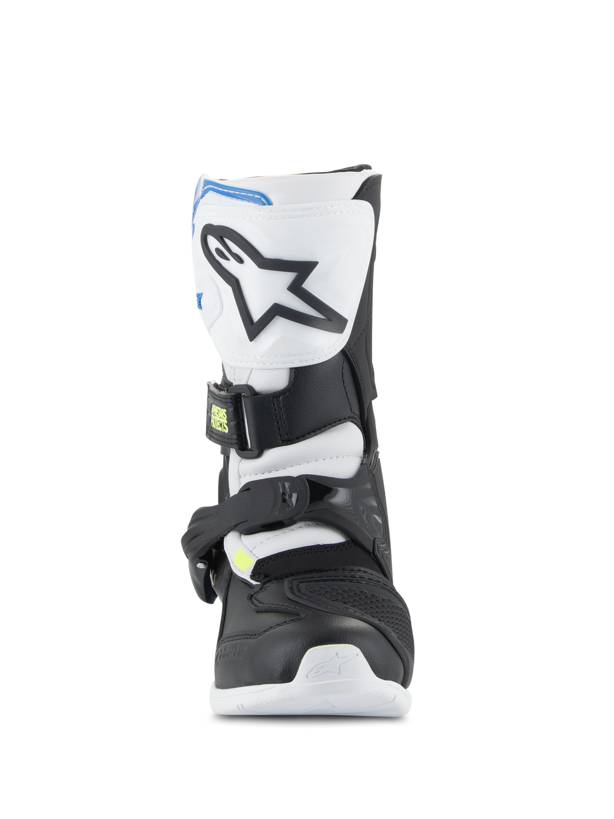 Botas Alpinestars Kids Tech 3S, botas de motocross para jovens, branco, preto e azul esmalte, perfil frontal mostrando a placa de canela em TPU com logótipo de estrela, painéis pretos e brancos e sistema de fecho seguro por fivela