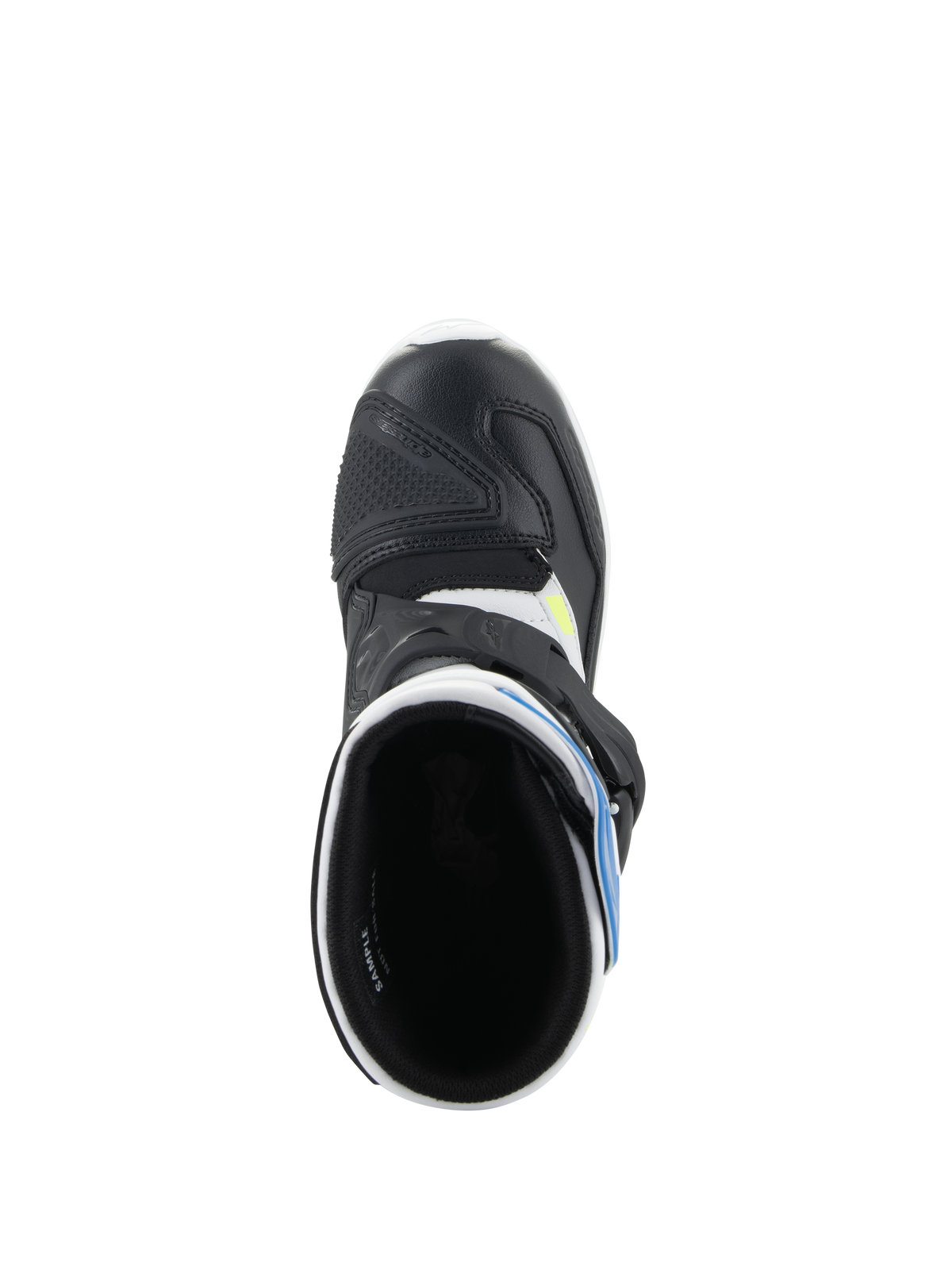 Botas Alpinestars Kids Tech 3S, botas de motocross, branco, preto e azul esmalte, vista superior mostrando o interior da bota, biqueira de microfibra preta com reforço protetor e detalhes em azul, calçado para condução todo-o-terreno
