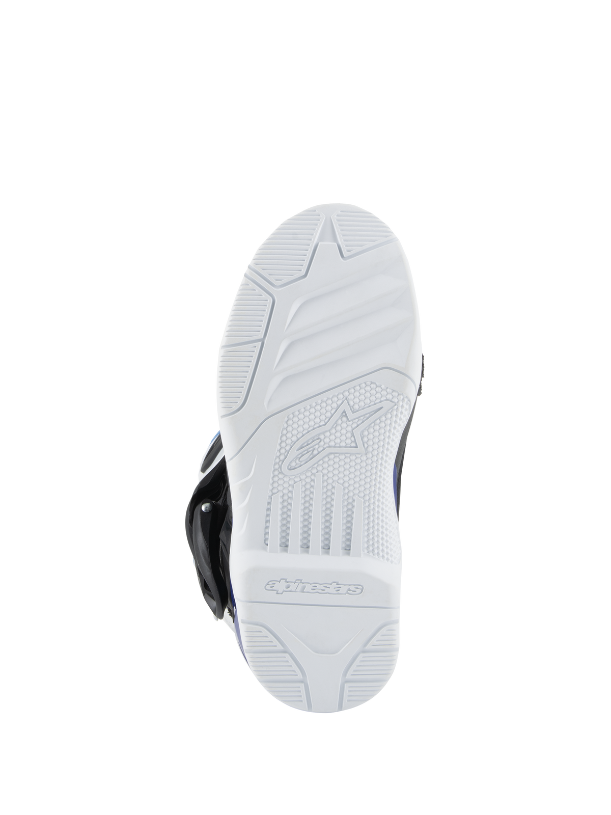 Botas Alpinestars Kids Tech 3S, botas de motocross, sola exterior em borracha branca, rasto texturado para aderência em todo-o-terreno, com o logótipo e a marca nominativa Alpinestars na base.