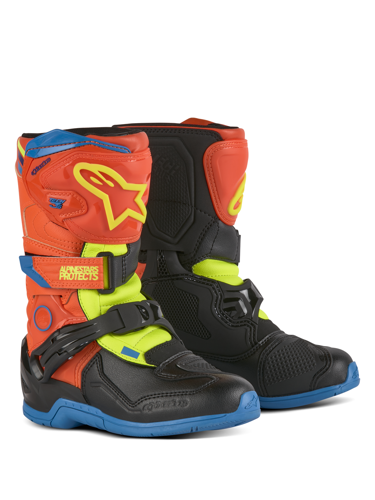 Alpinestars Kids Tech 3S Boots, botas de motocross, laranja fluo, azul enamel e amarelo fluo com preto, com fechos de velcro, placa de canela em TPU e solas de borracha duráveis para condução off-road infantil