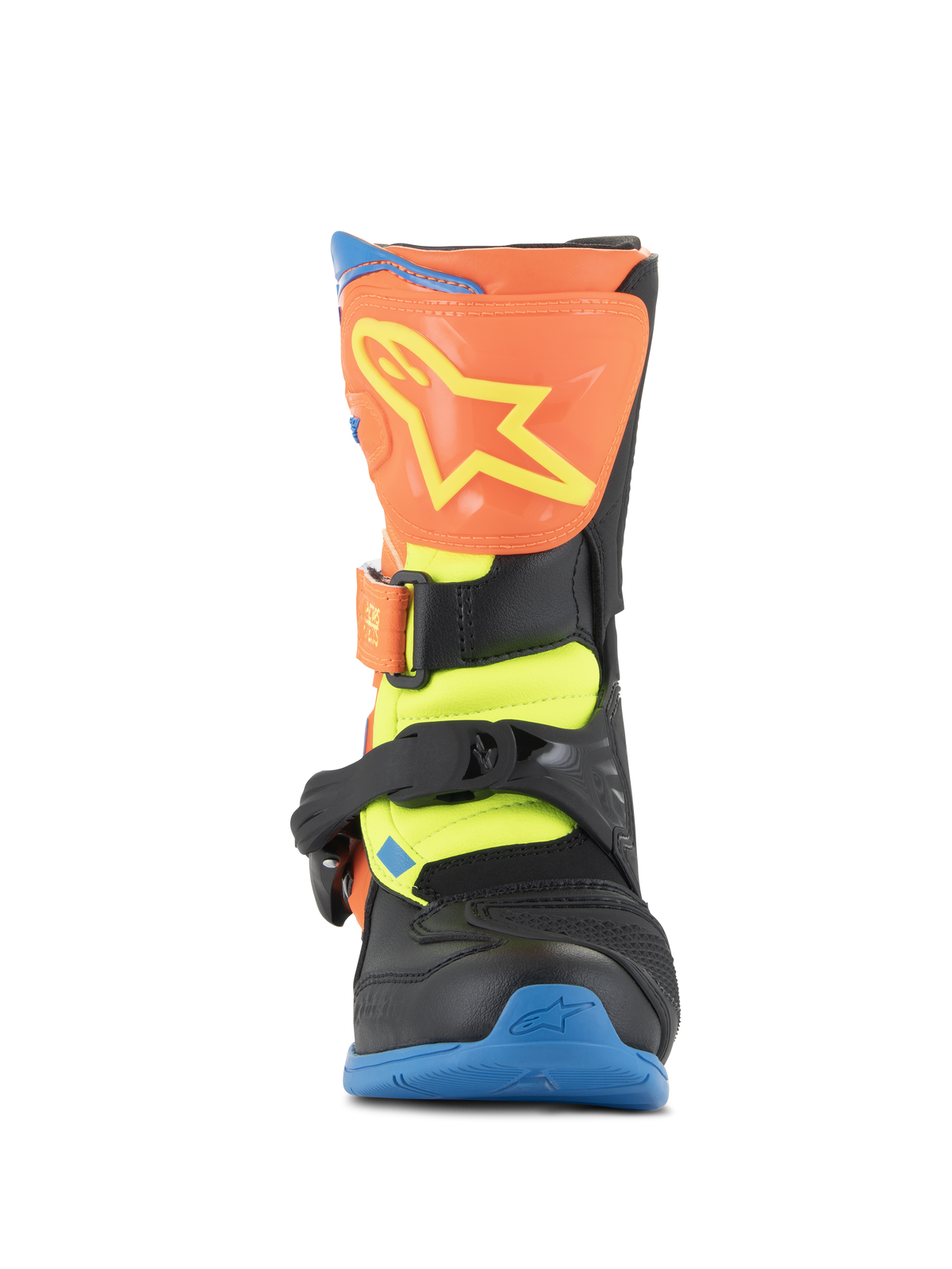 Botas Alpinestars Tech 3S Kids, botas de motocross, Laranja Fluo, Azul Enamel e Amarelo Fluo, vista frontal apresentando uma placa de canela laranja com logótipo de estrela amarelo, fechos de fivela pretos e sola azul, calçado de proteção todo-o-terreno para jovens pilotos